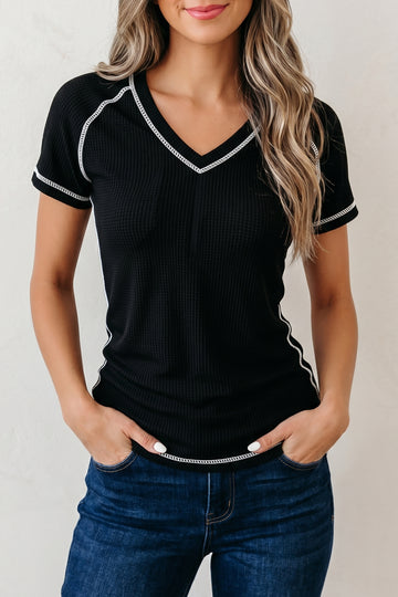 Waffle Textured Contrast Trim V Neck Tee – Black
