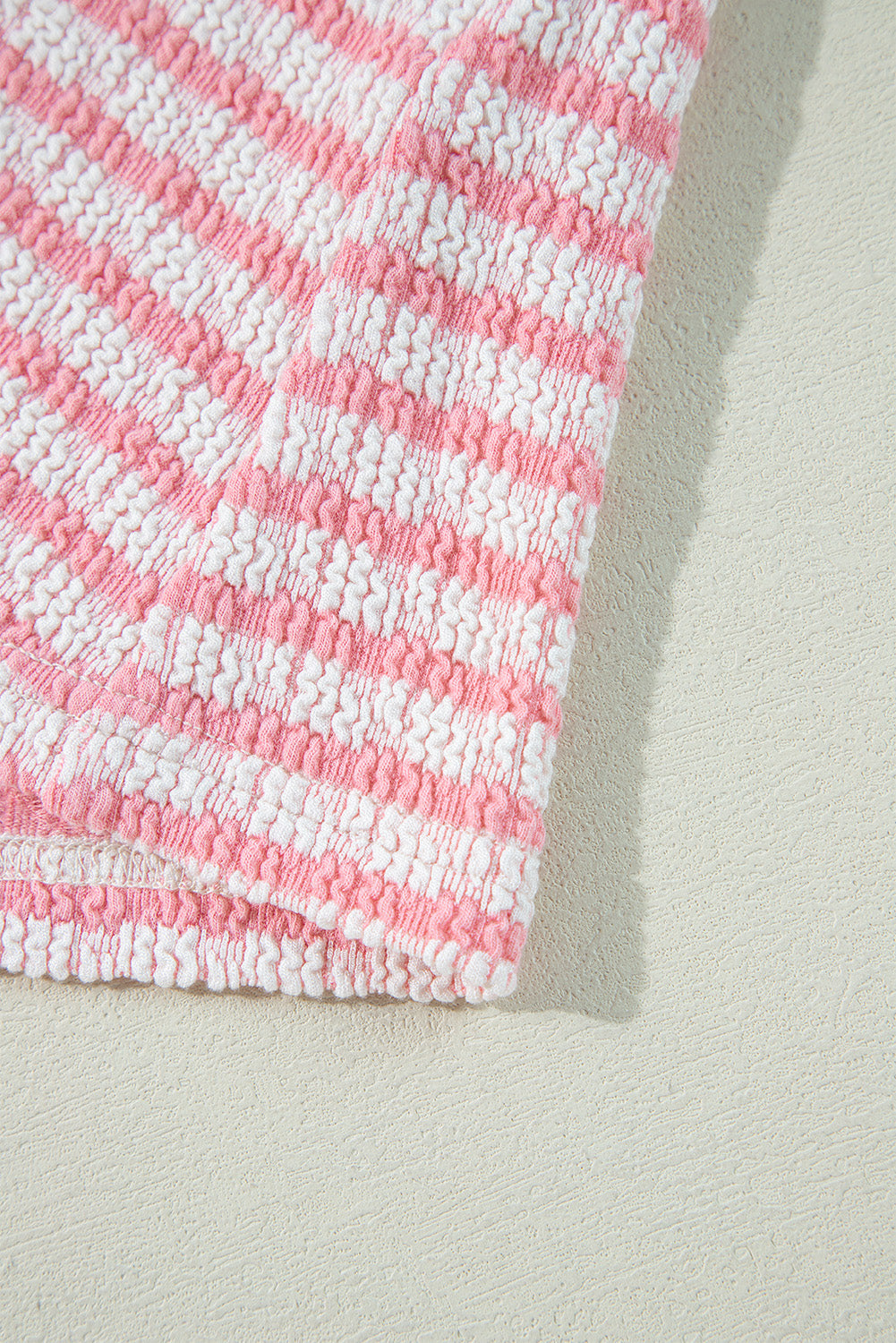 Pink Stripe Textured Puff Sleeve Crewneck Top eAura
