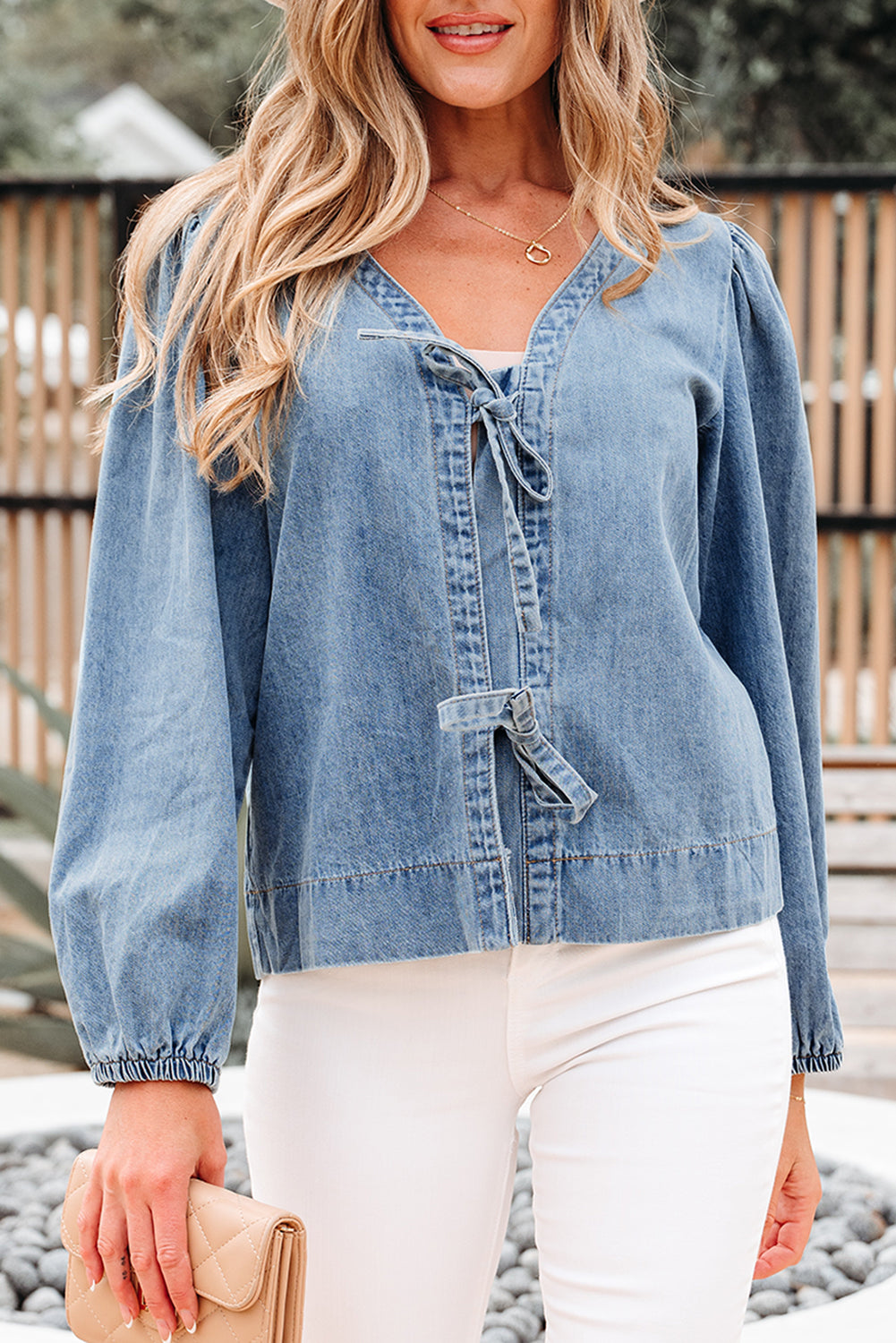 Tied Front Long Puff Sleeve Denim Top - eAura