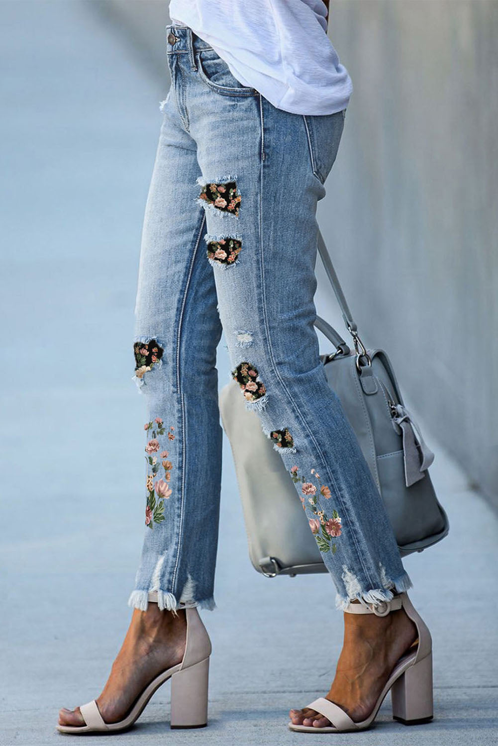 Sky Blue Printed Patch Ripped Skinny Jeans Beagle Boutique Fashion Outlet
