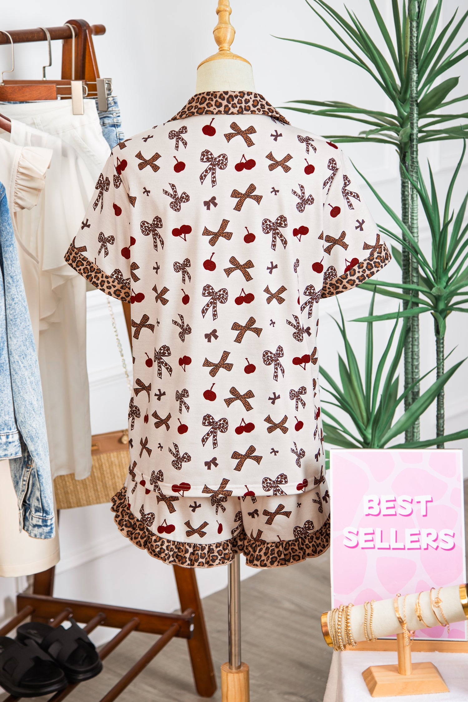 Chic Bow Cherry Print Leopard Contrast Shirt and Drawstring Pyjams