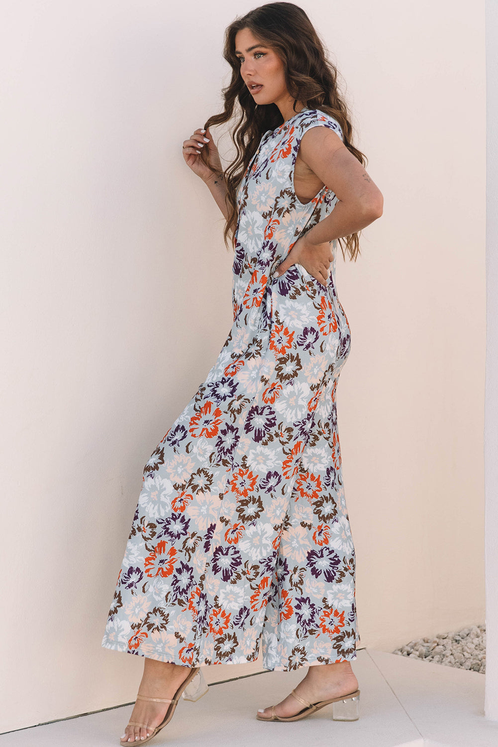 Sky Blue Floral Sleeveless Buttoned Pocketed Wide Leg Jumpsuit BB Fashion Outlet