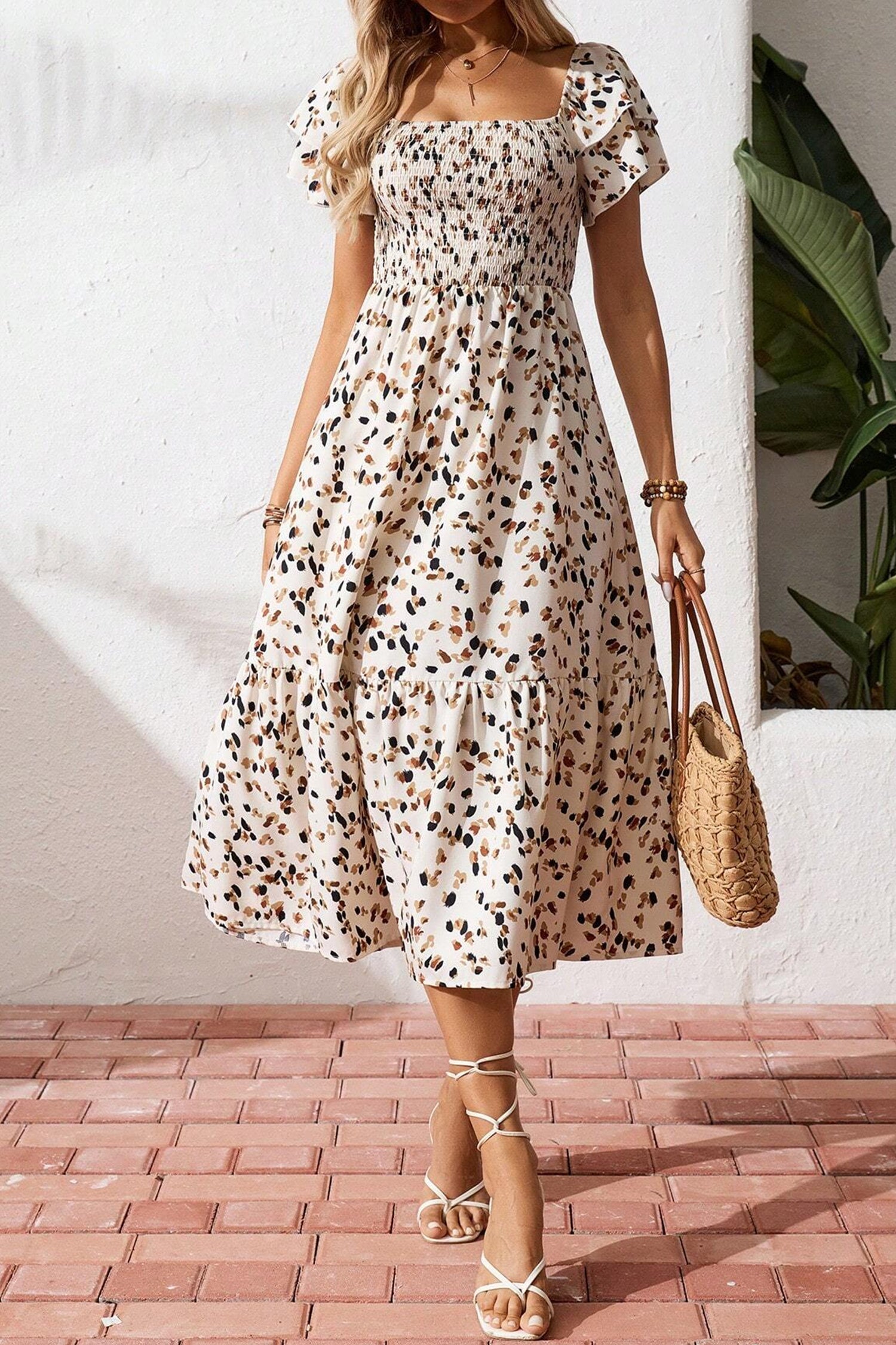 Ditsy Floral Print Smocked Square Neck Ruffle Dress – Beige