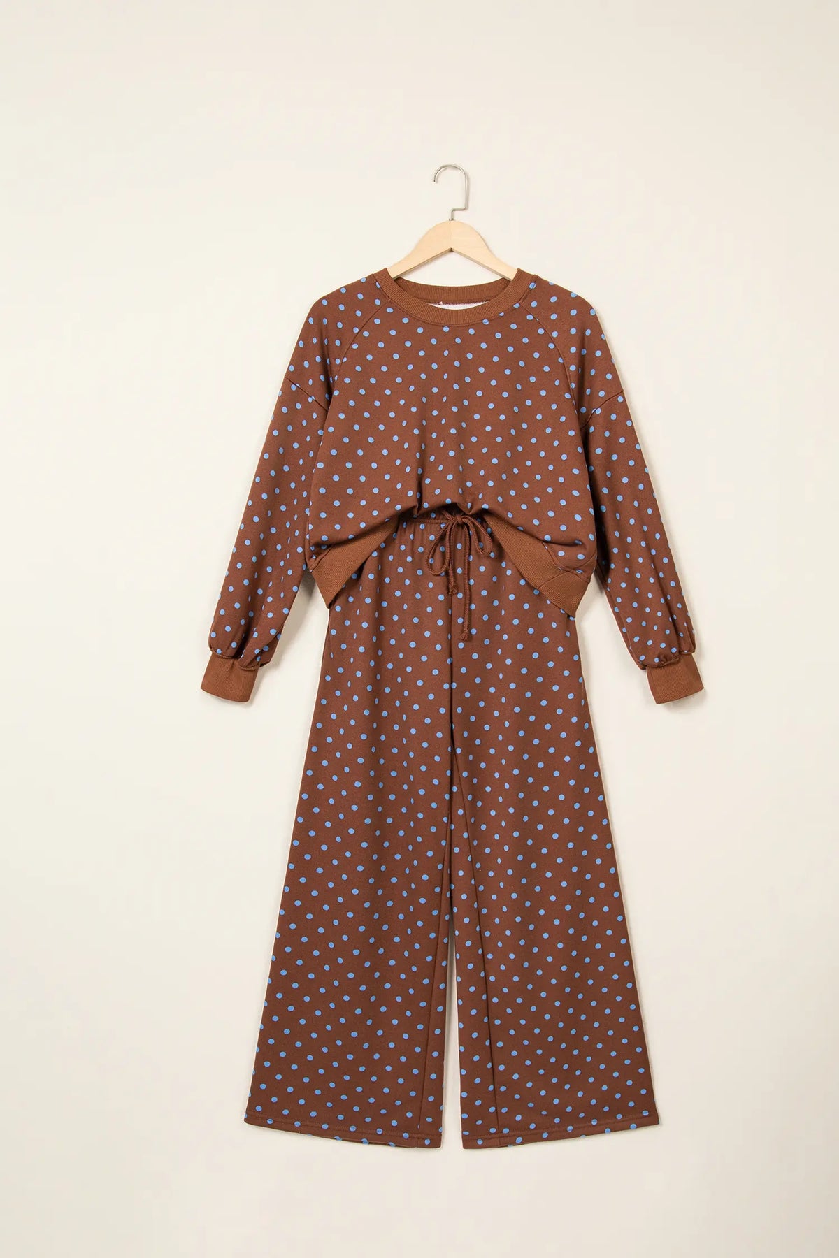 Polka Dot Drawstring Wide Leg Long Sleeve Top Pant Set – Red