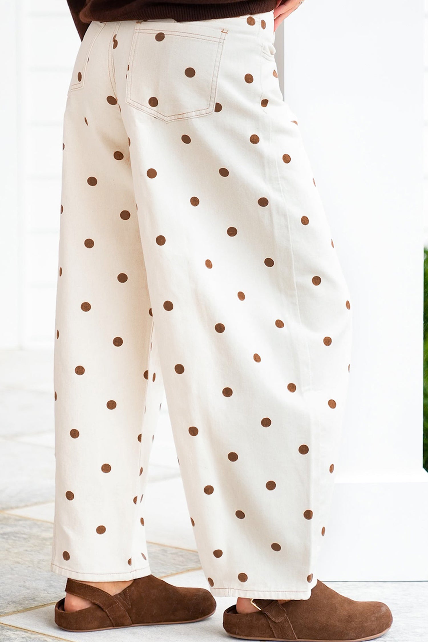 Polka Dot Print Plus Size Barrel Jeans – Beige
