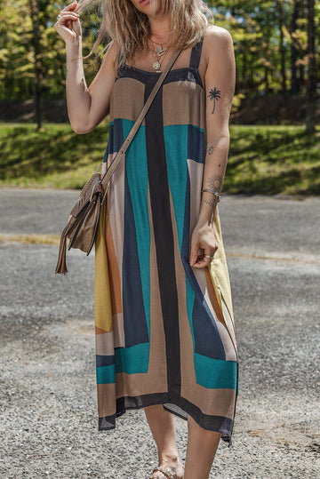 Brown Retro Geometric Printed Y Back Sleeveless Dress eAura