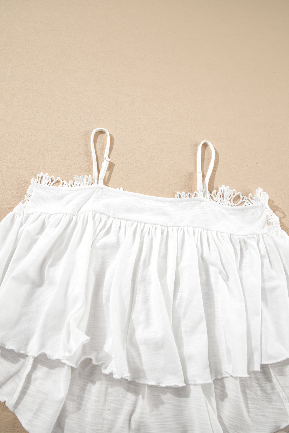 White Lace Splicing Spaghetti Straps Ruffle Flared Vest Top eAura