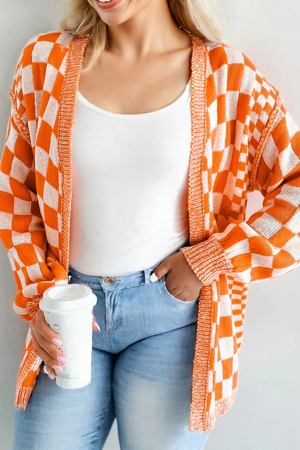 Orange Checkered Bubble Sleeve Drop Shoulder Open Cardigan eAura
