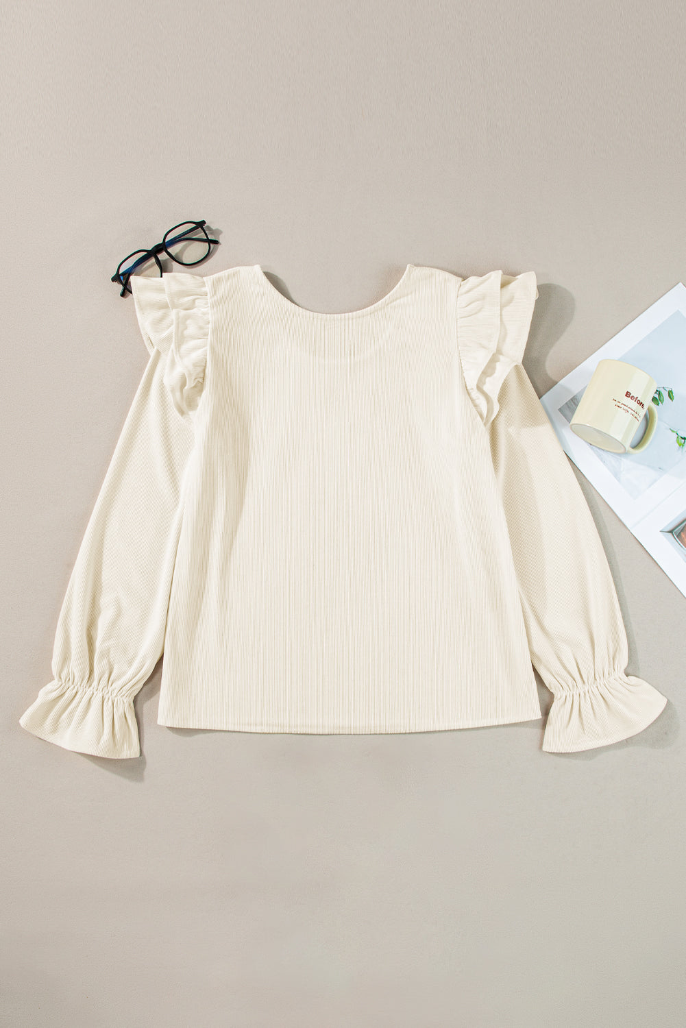 Beige Ruffled Flounce Sleeve Corduroy Blouse eAura