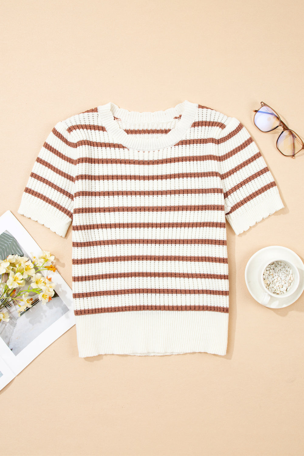 Khaki Stripe Scalloped Round Neck Short Sleeve Sweater eAura