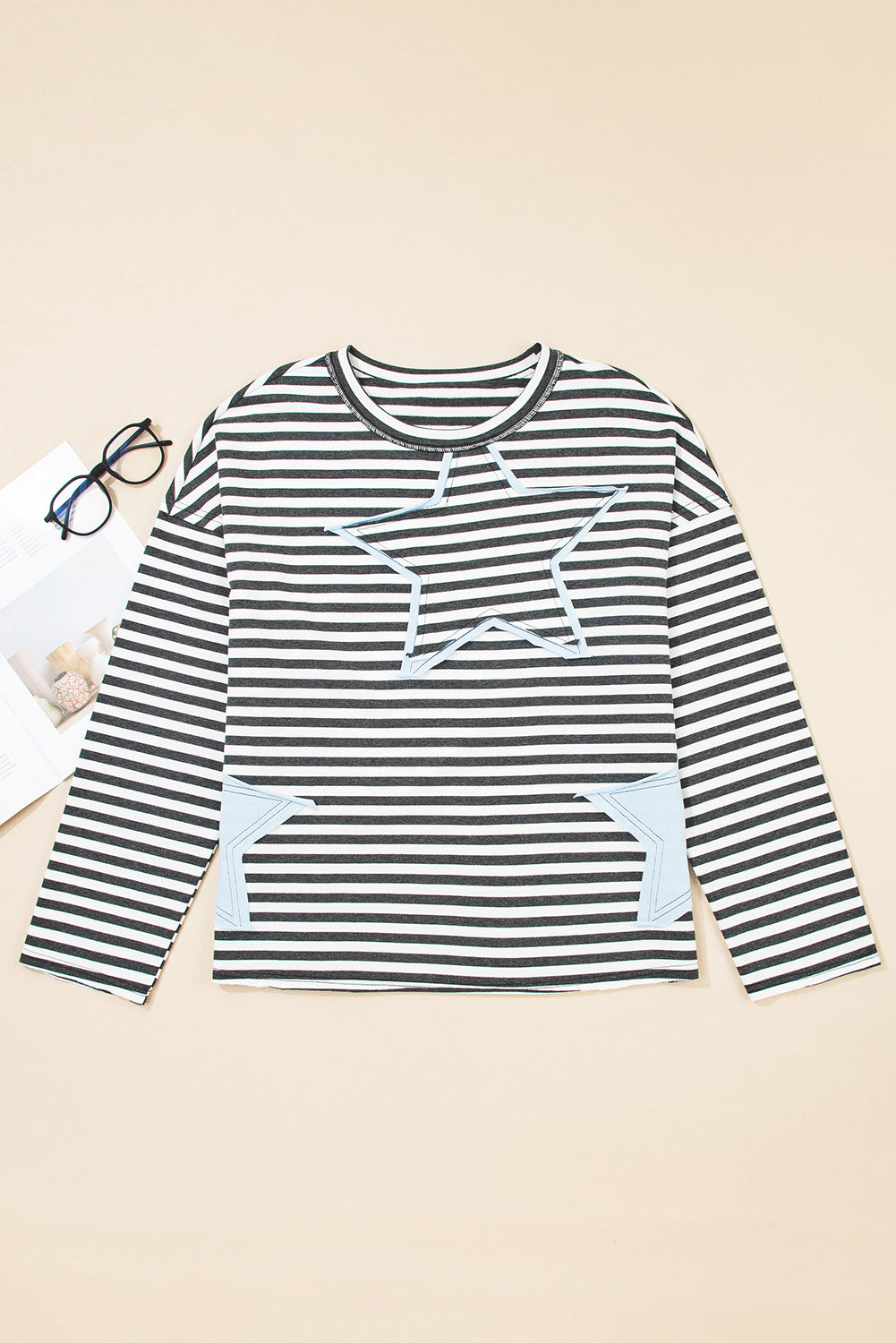 Stripe Starry Patch Drop Shoulder Raw Edge Casual Top - eAura