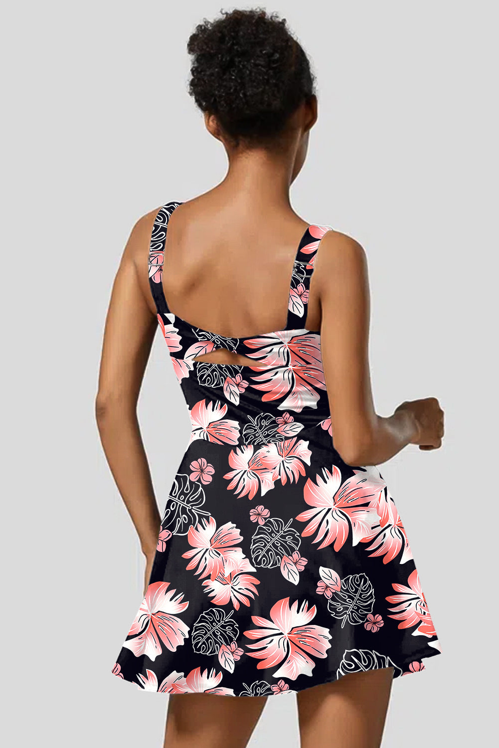 Black Floral Print Twisted Hollowed Back Swim Dress BB Fashion Outlet