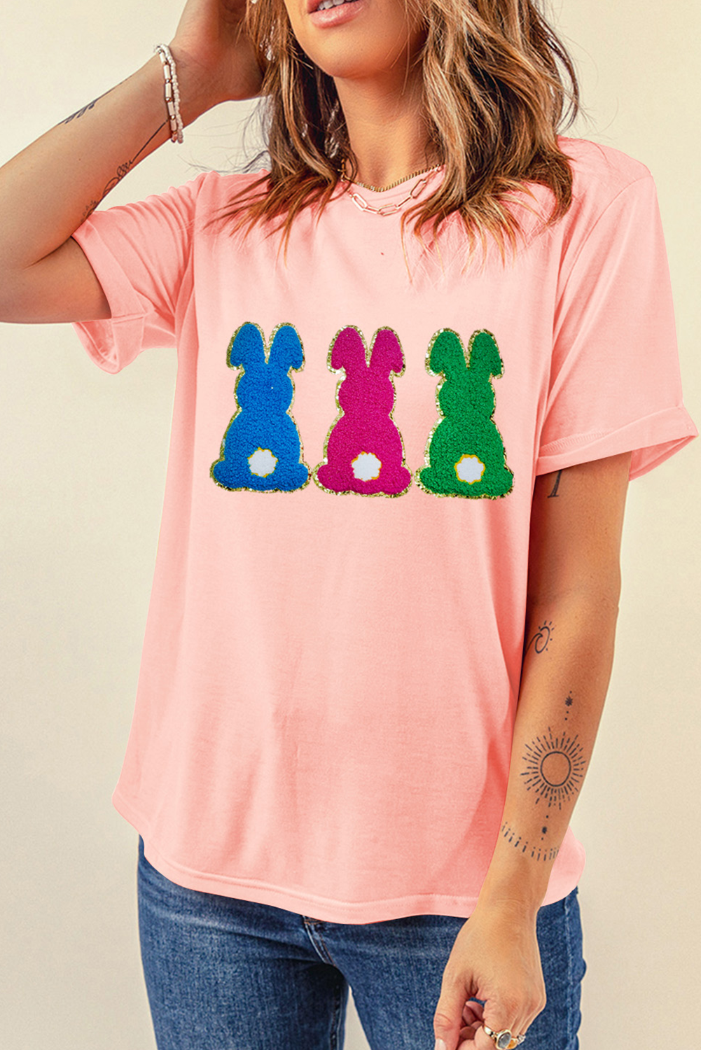 Pink Easter Bunny Chenille Patched Graphic Tee eAura