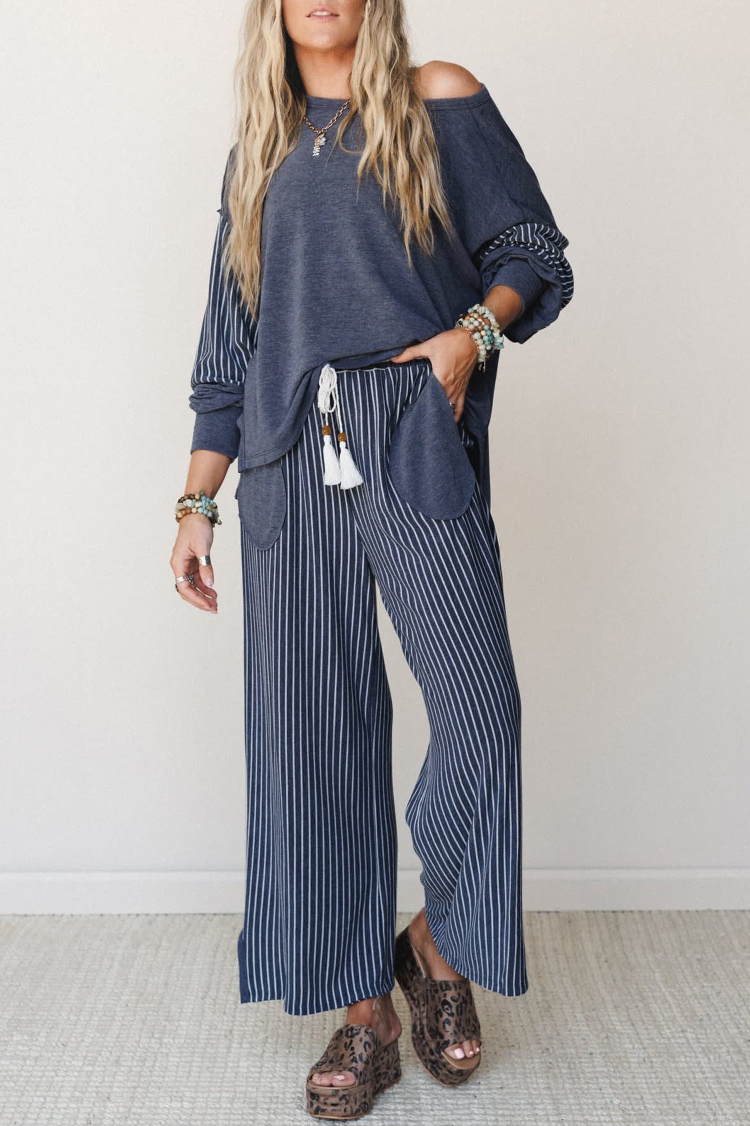Raw Seam Patchwork Long Sleeve Top Pocket Casual Pants 2pcs Set – Real Teal