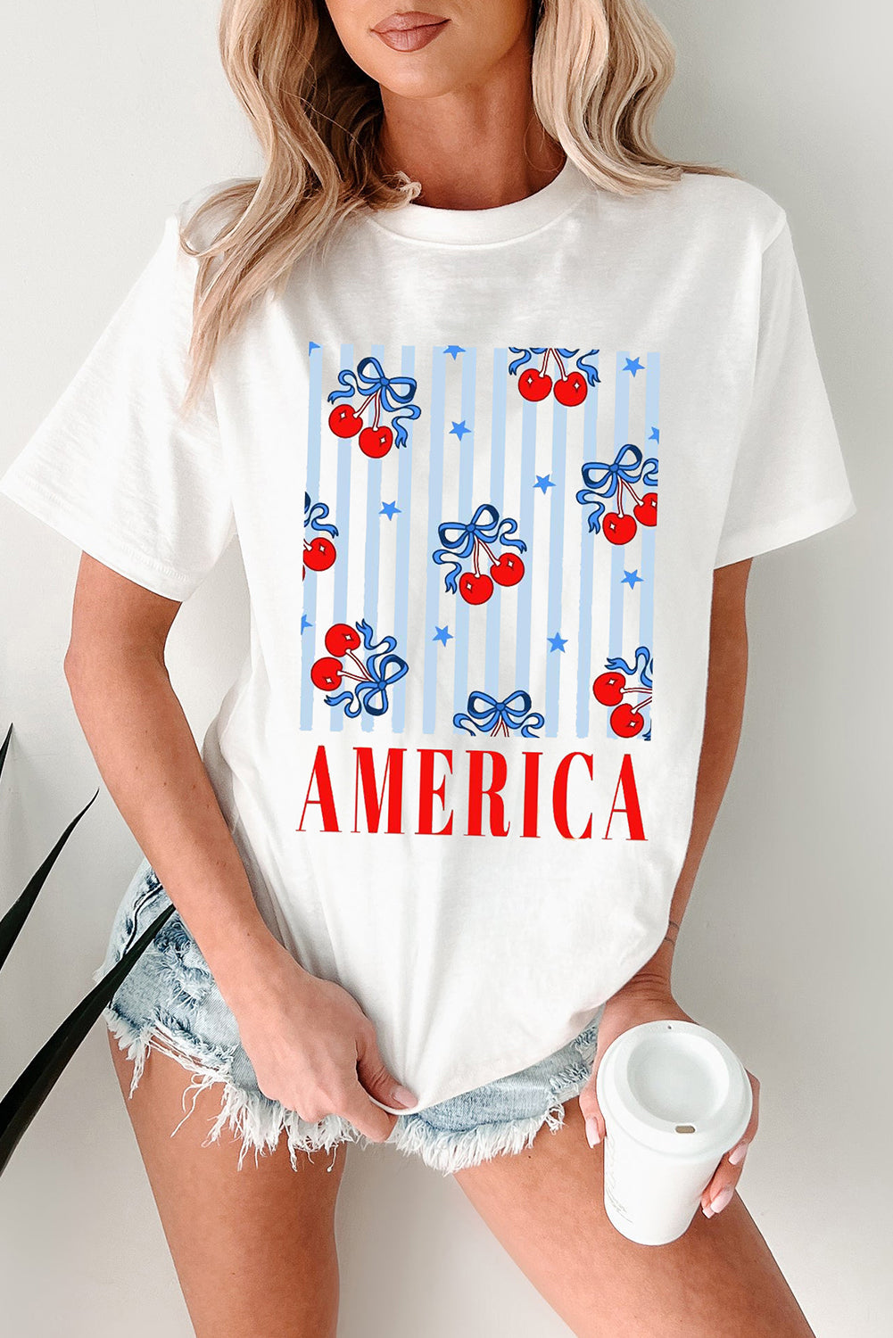White Bow Cherry AMERICA Graphic Crewneck T Shirt eAura