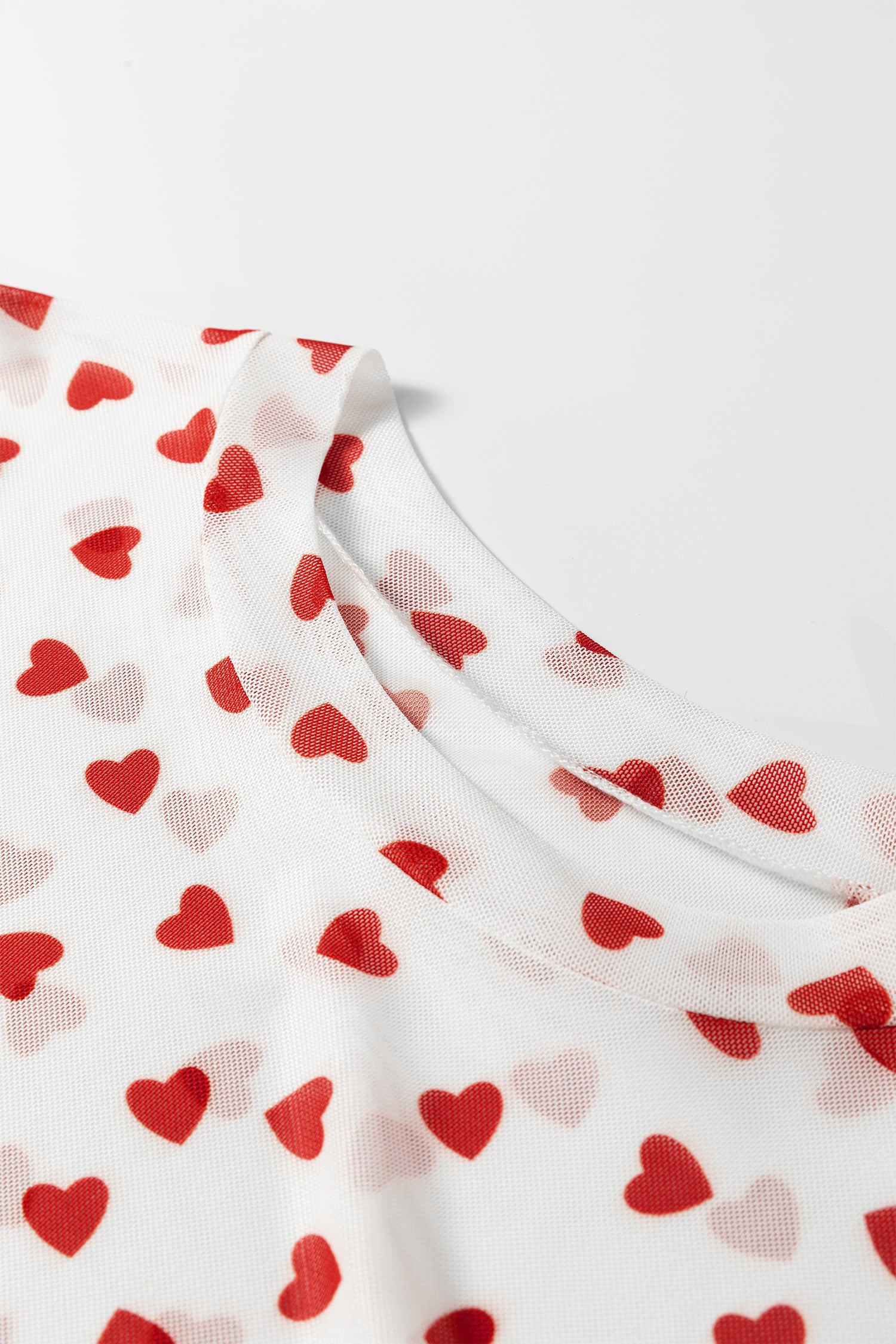 Allover Heart Print Mesh Short Sleeve Top