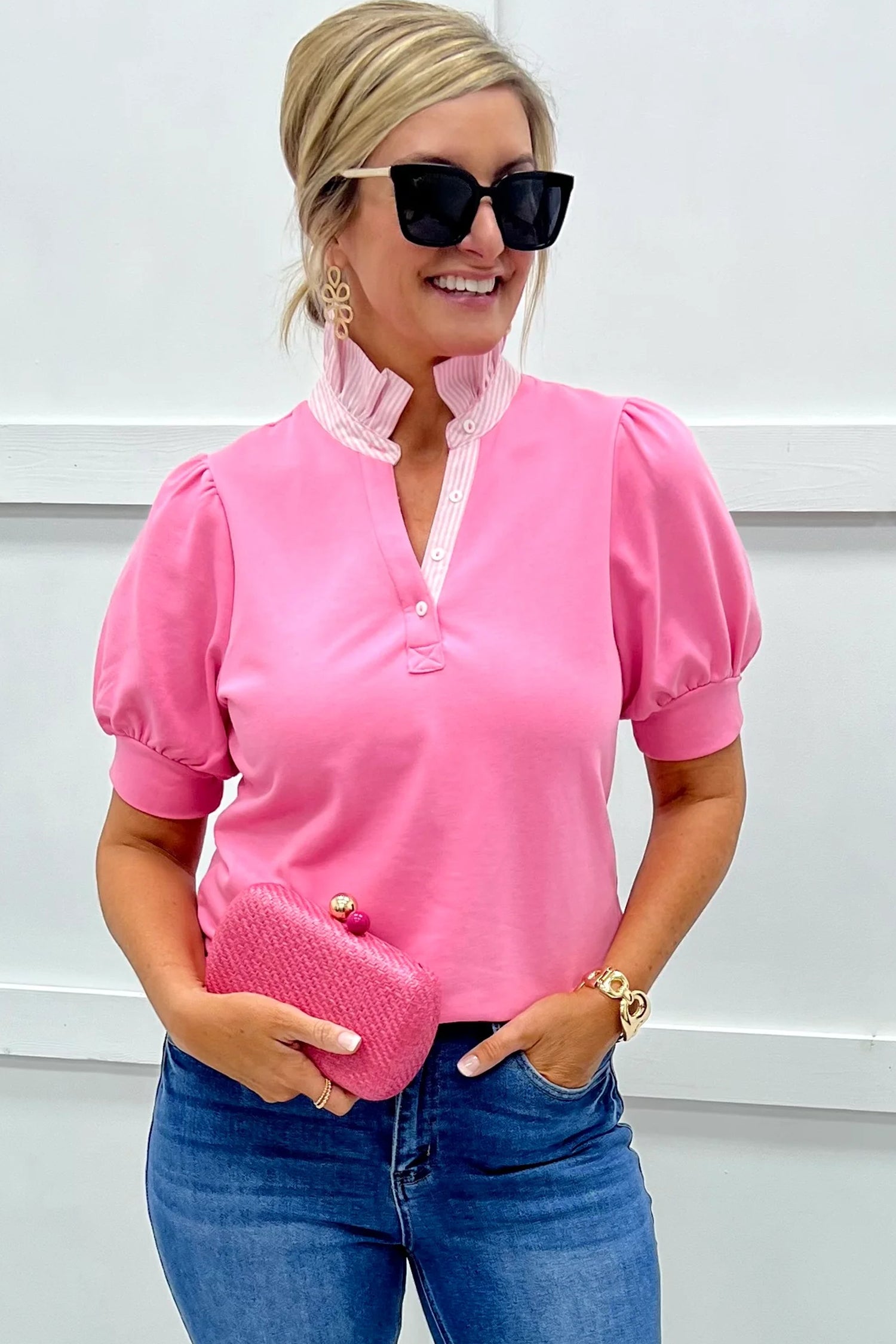 Striped Frilled Collar Short Sleeve Blouse