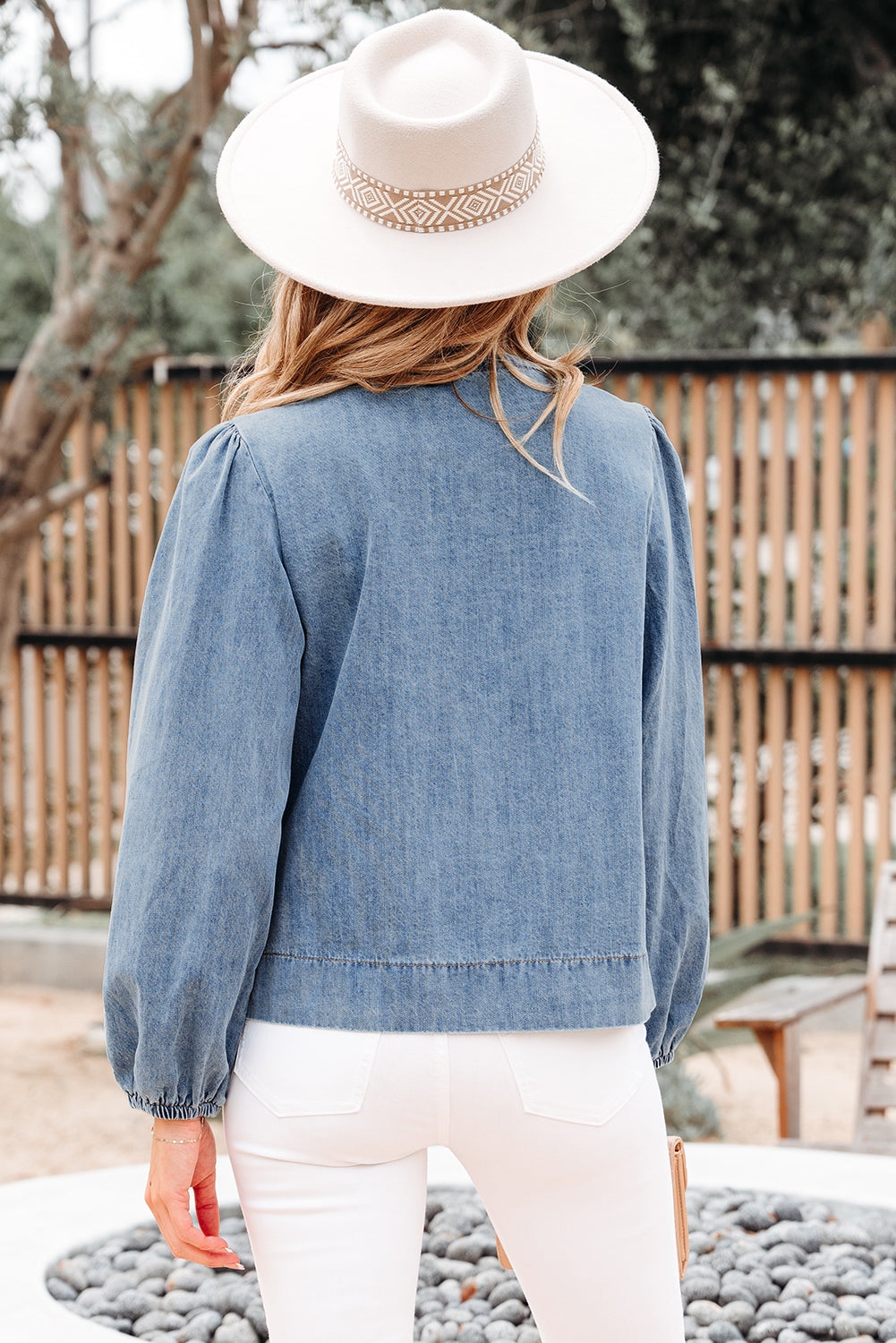 Tied Front Long Puff Sleeve Denim Top - eAura