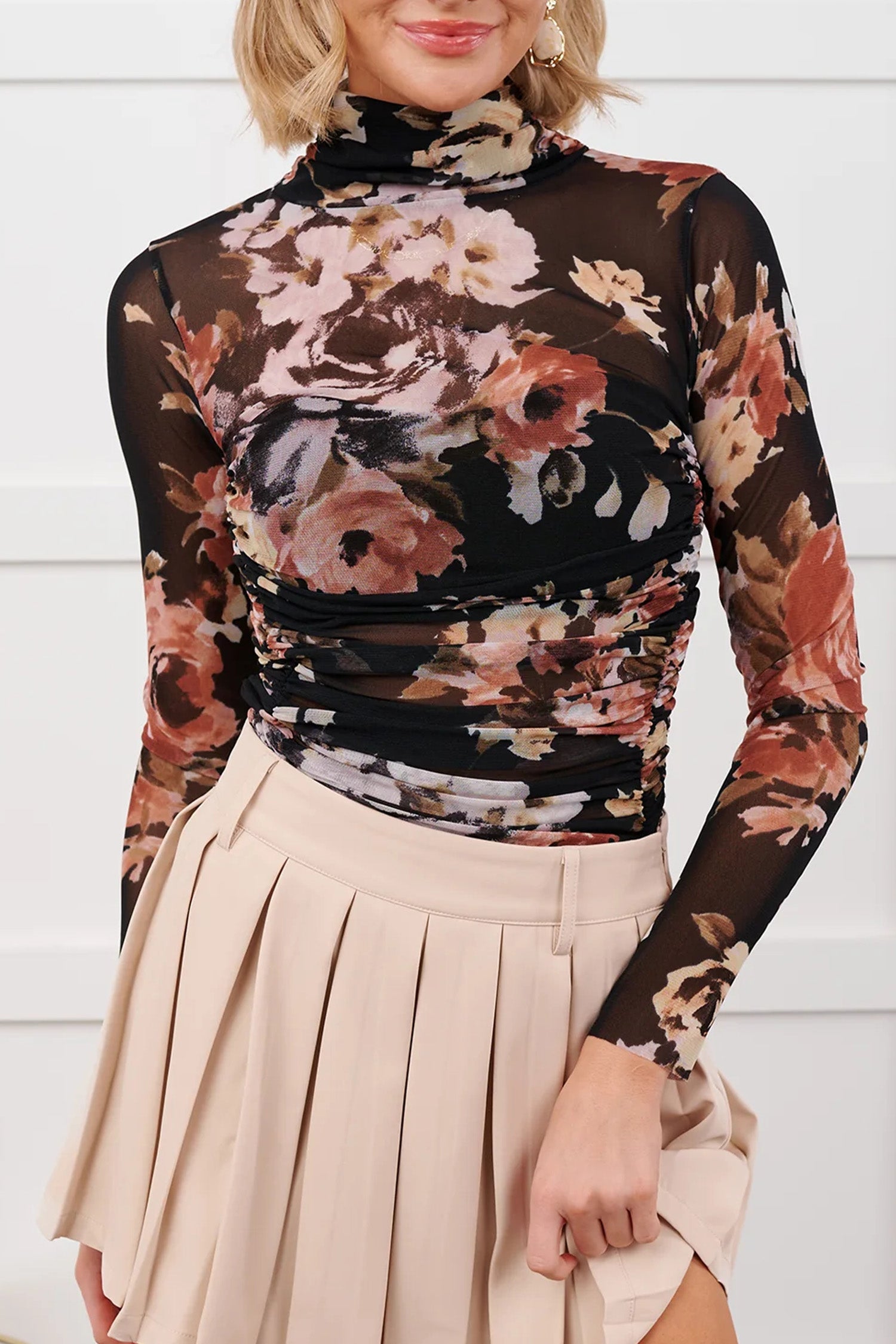 Floral Mesh Long Sleeve High Neck Bodysuit – Brown