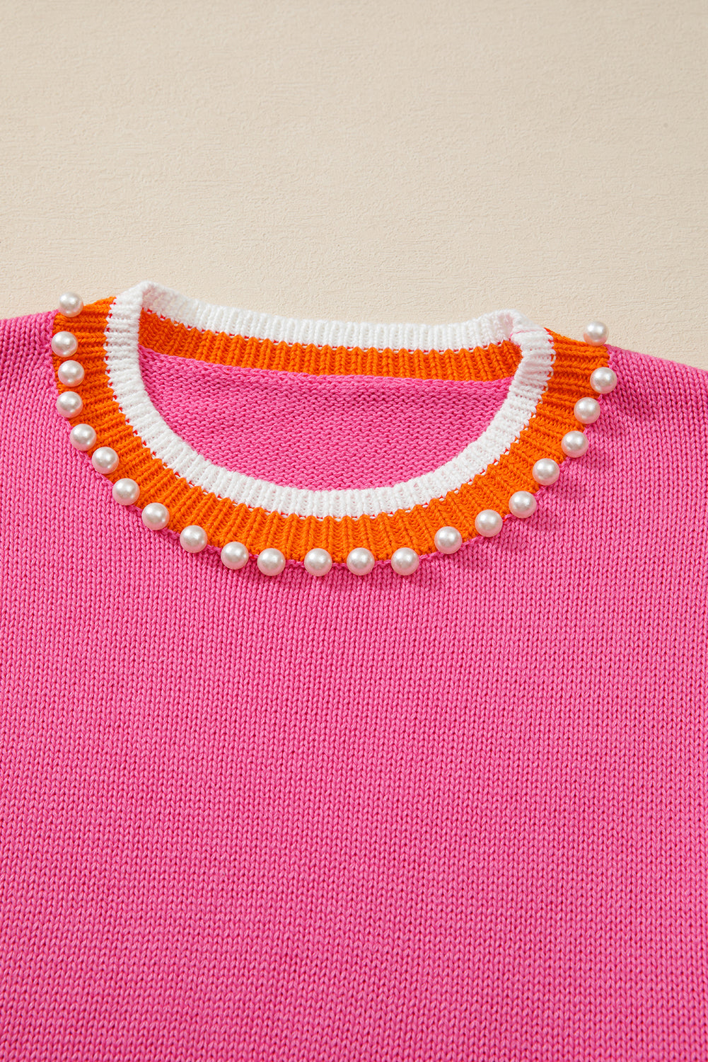 Contrast Crew Neck Pearled Decor Knit Sweater - eAura