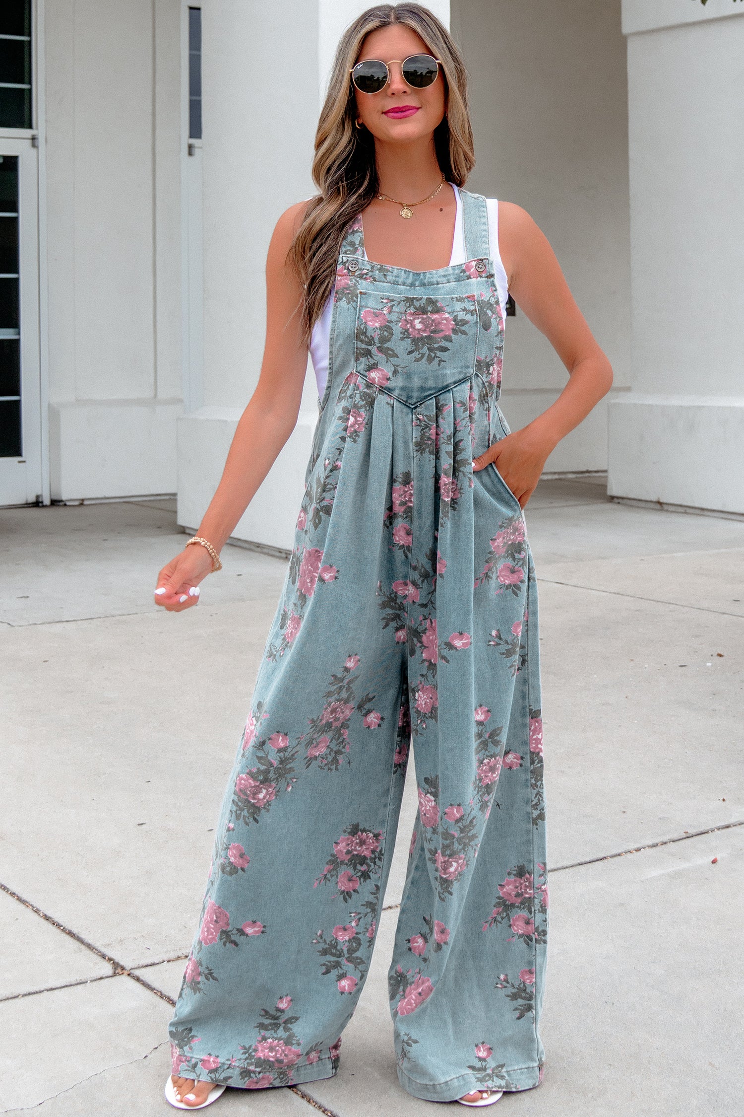 Floral Print Pleated Wide Leg Denim Jumpsuit – High Waist