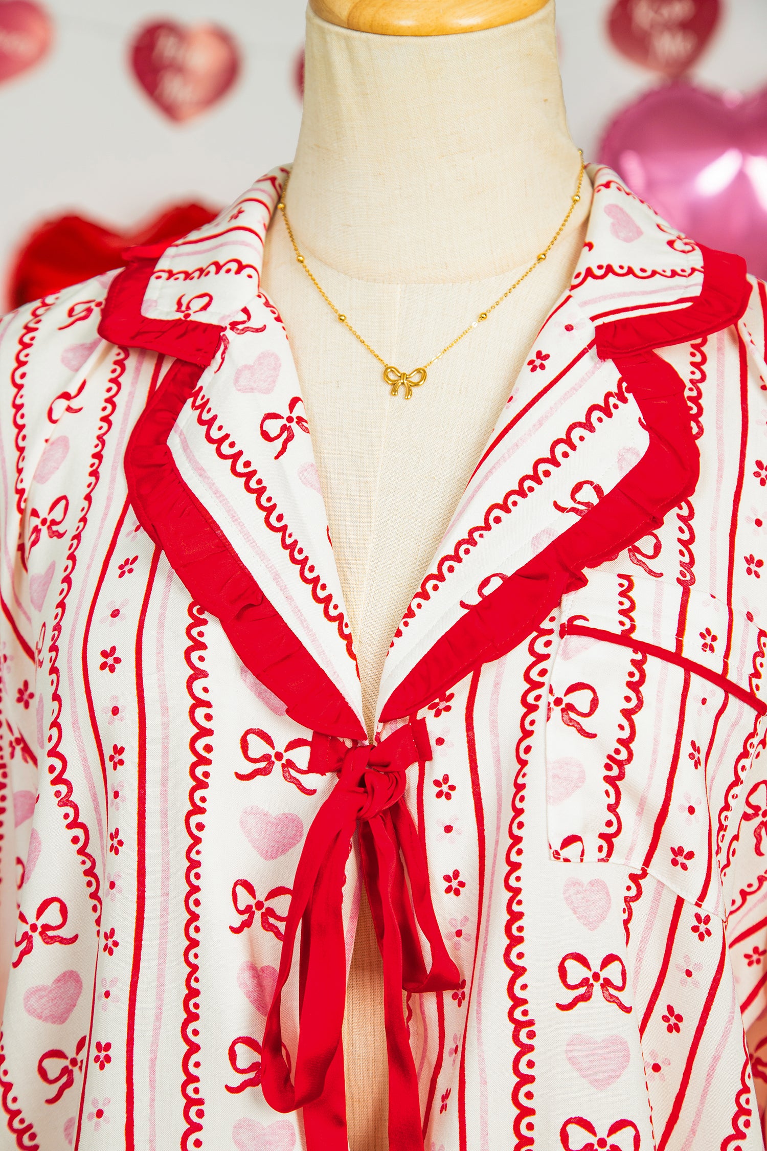 Sweet Floral Heart Bow Print Contrast Trim Long Sleeve Shirt Pajama Short Set – Red