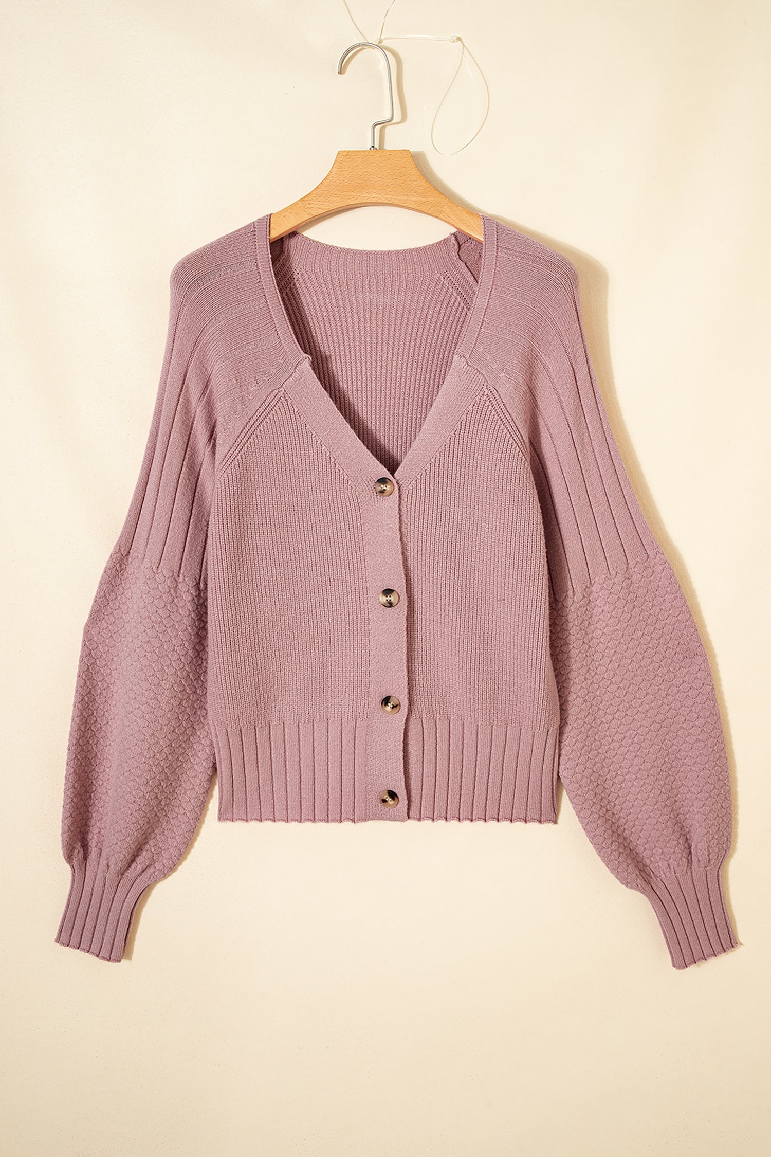 Mixed Texture Cardigan With Buttons - V-Neck