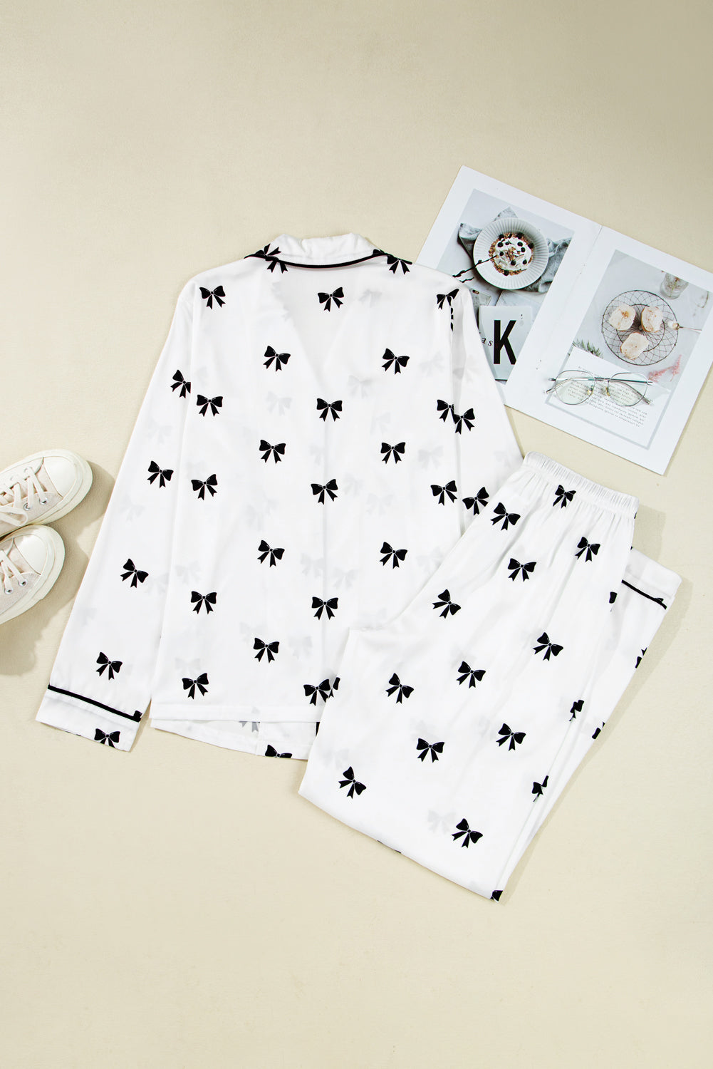 White Bows Print Two Piece Pyjama Set - eAura