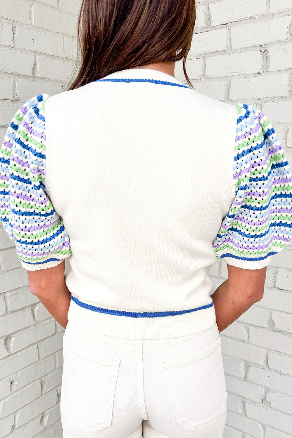 White Crochet Striped Bubble Sleeve Knit Sweater eAura