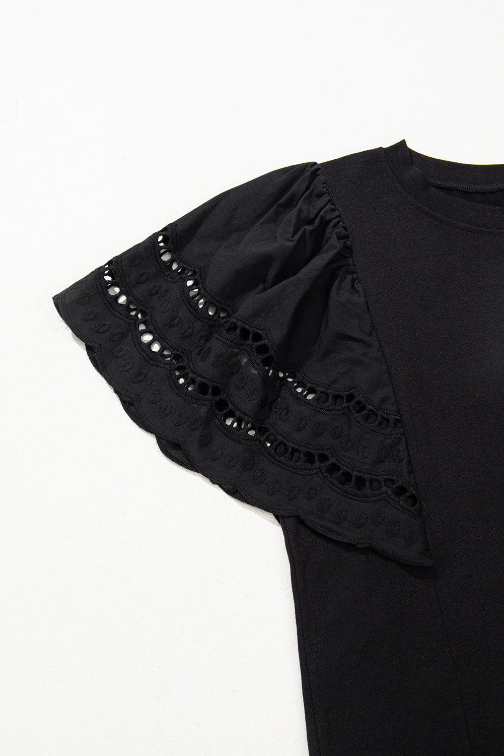 Black Hollow Out Embroidered Short Sleeve Top eAura