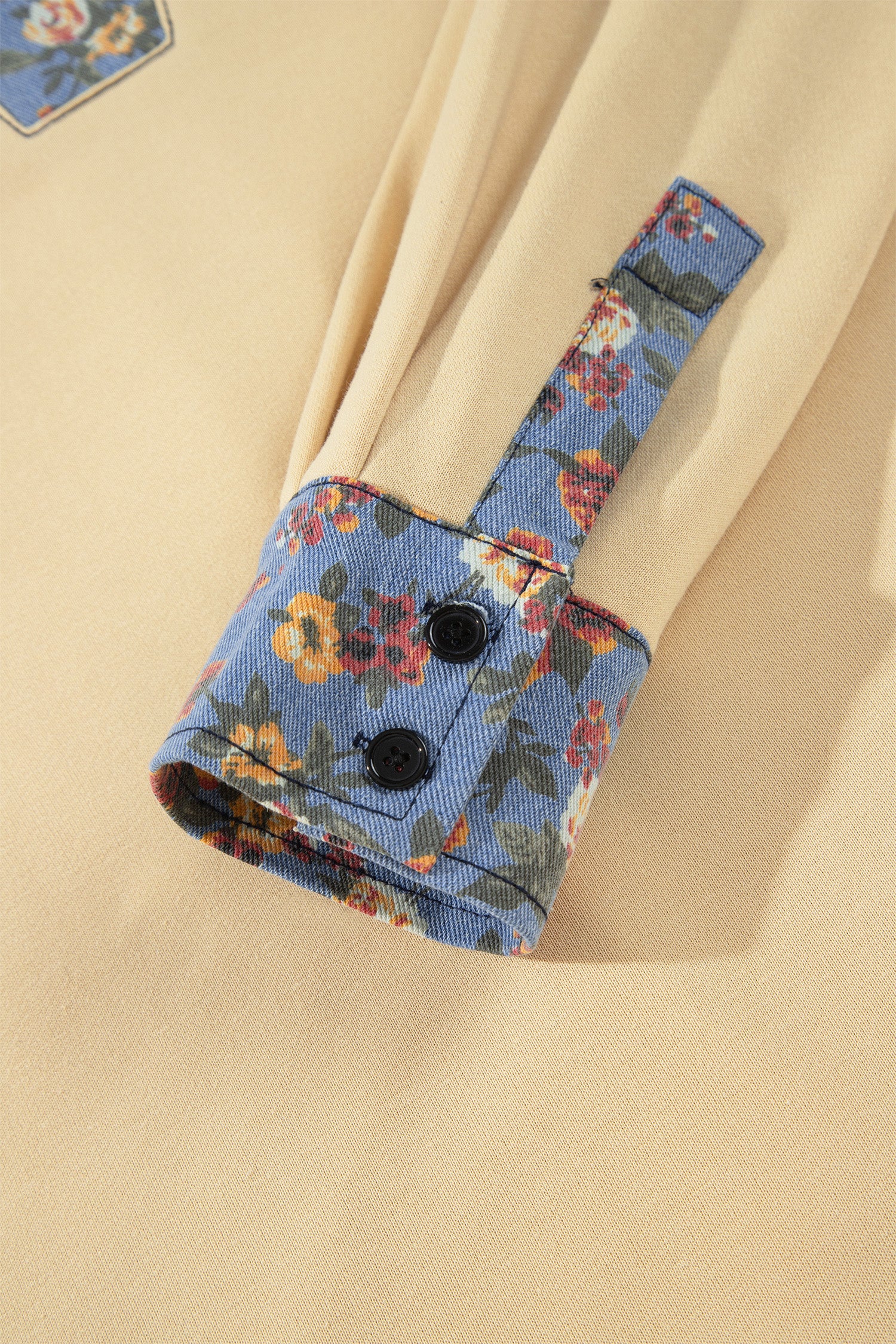 Floral Denim Patchwork Collar V Neck Long Sleeve Pullover Top – Apricot