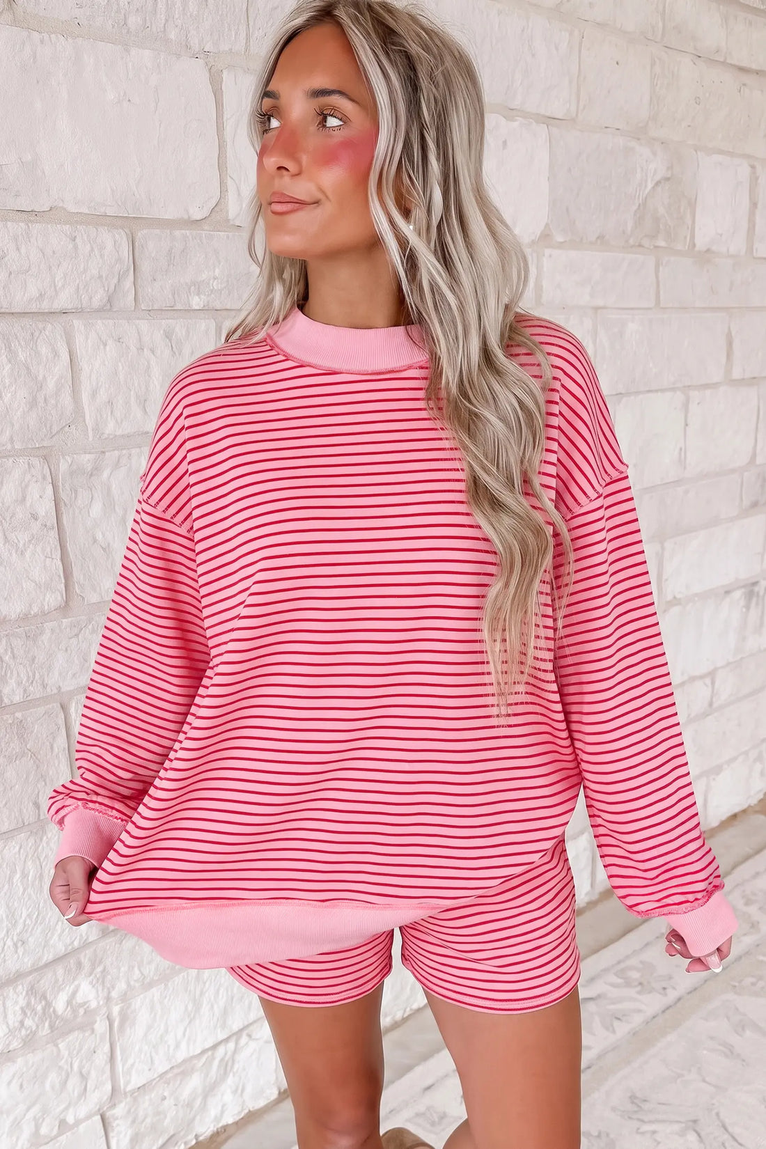 Ribbed Patchwork Mock Neck Baggy Pullover Matching Shorts Set – Blue Stripe