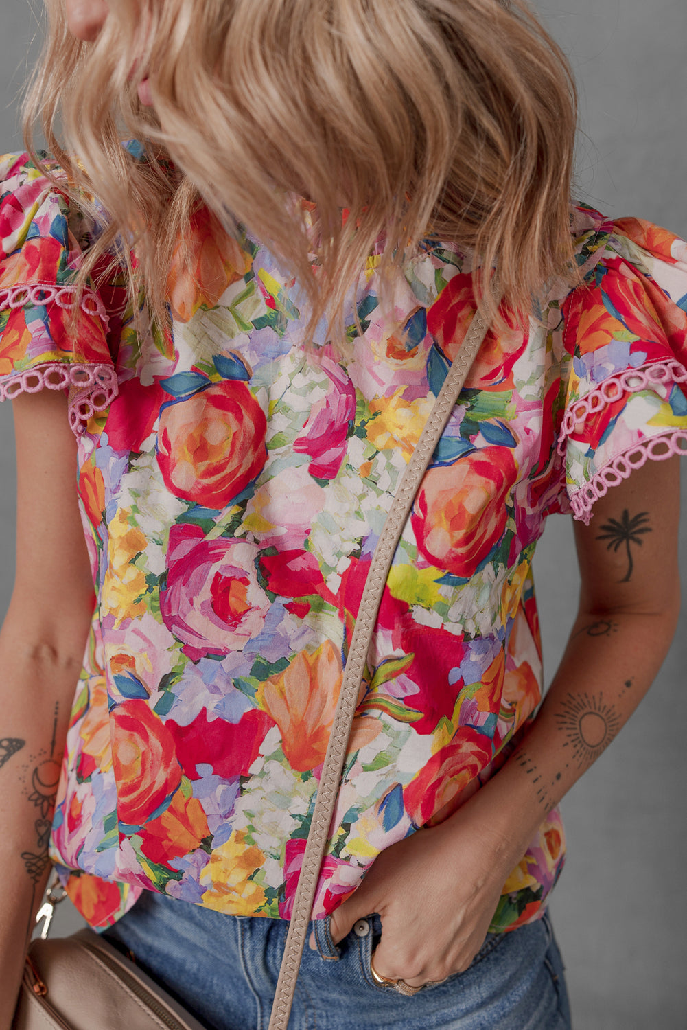 Lace Trim Ruffle Sleeve Floral Blouse – Multicolour