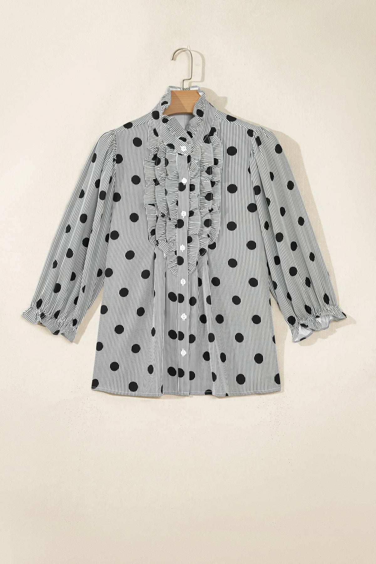 Polka Dot Striped Print Ruffle Stand Neck 3/4 Sleeve Shift Shirt – Black White