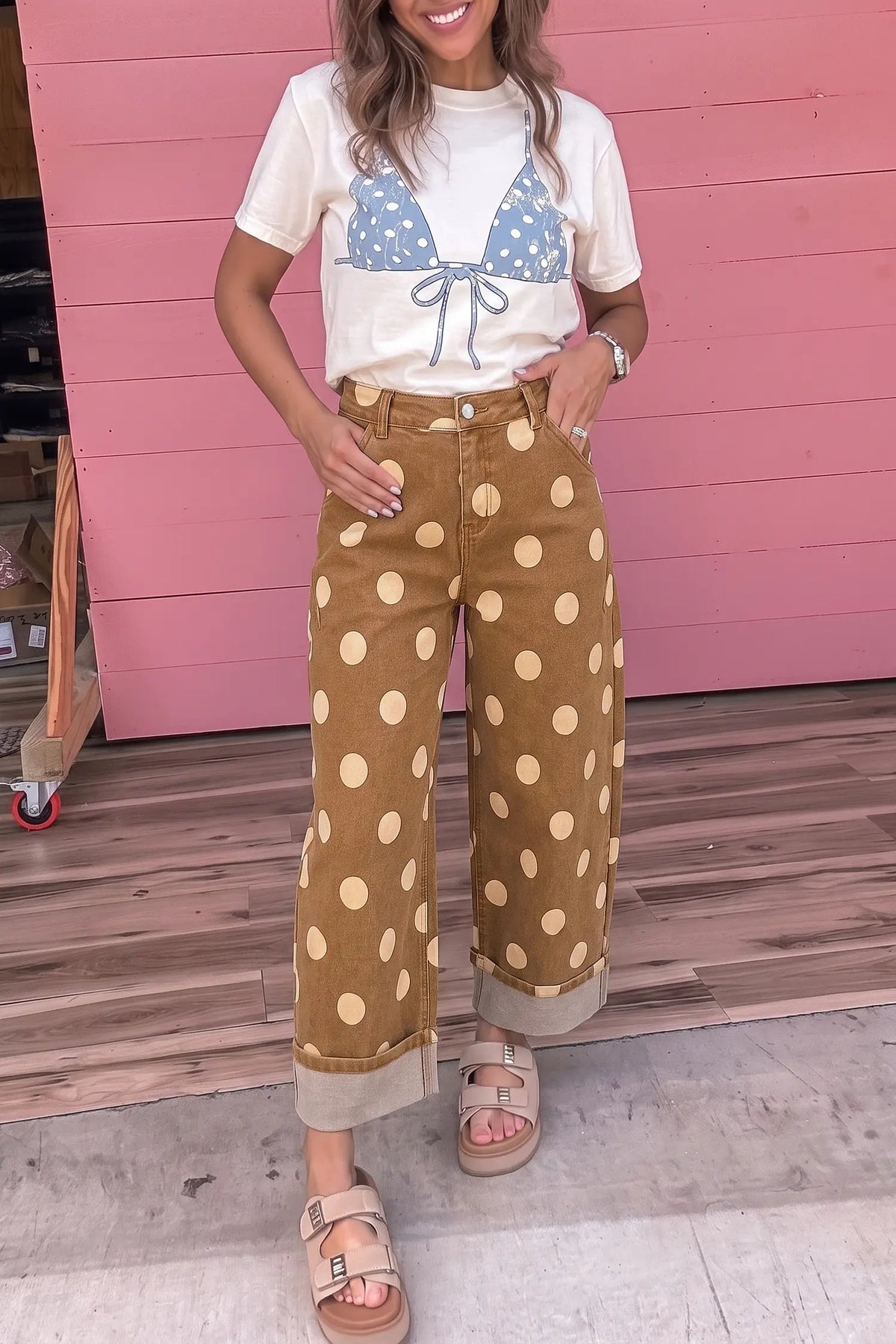 Polka Dot Ankle-Length Metal Button Casual Jeans – Brown