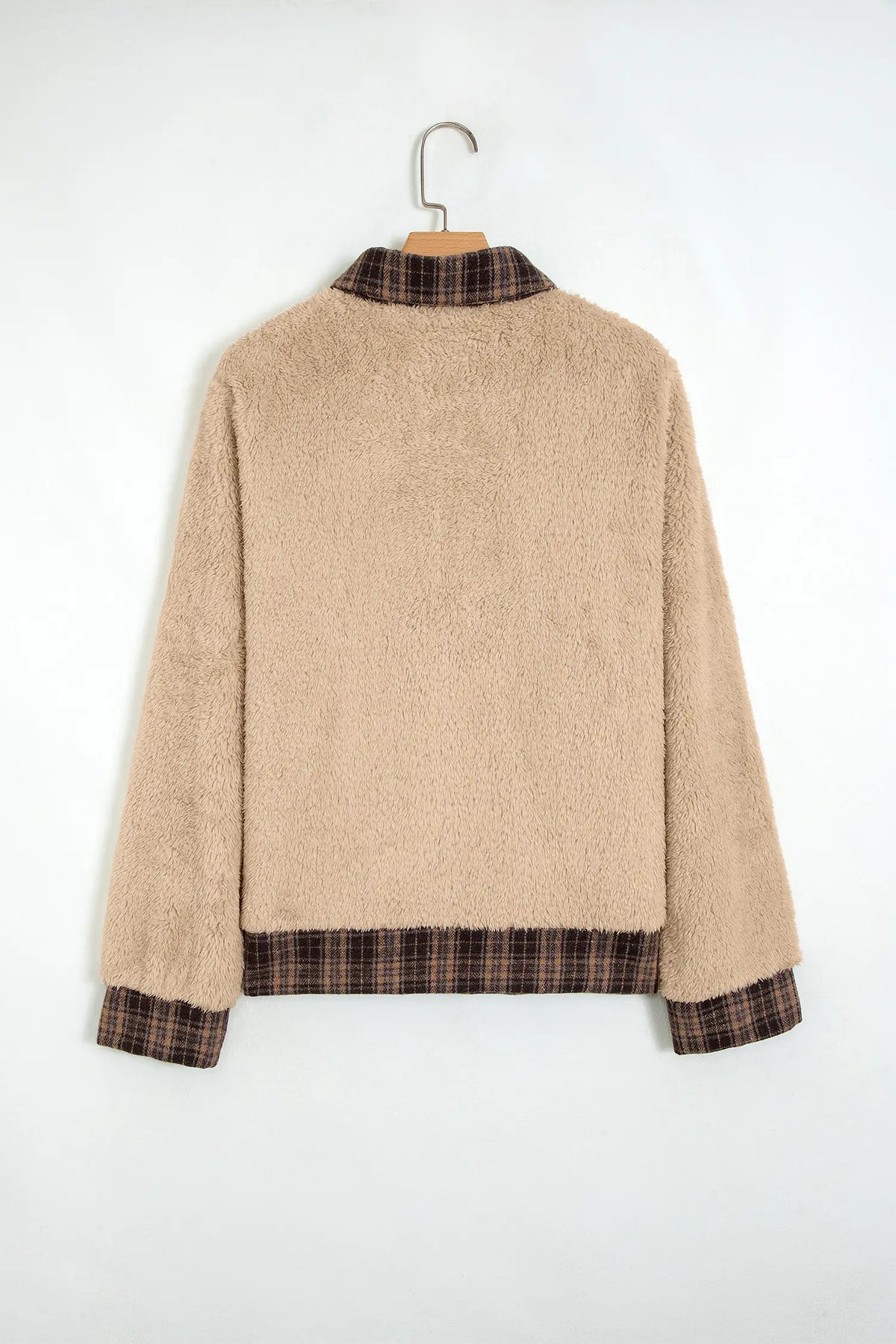 Fleece Pullover Sweatshirt with Plaid Collar & Button Front