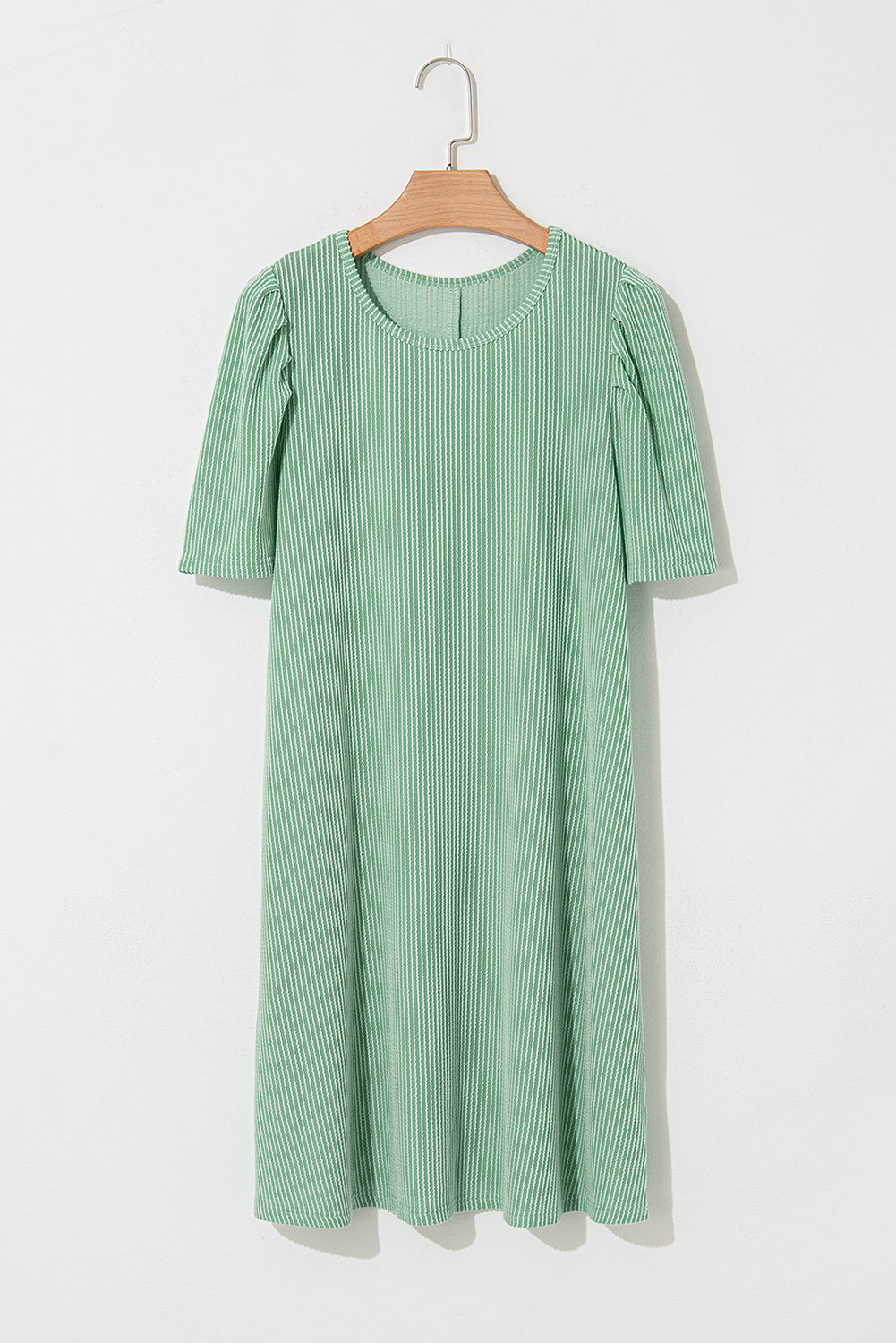 Mint Green Ribbed Knit Crew Neck Puff Sleeve Shift Mini Dress eAura