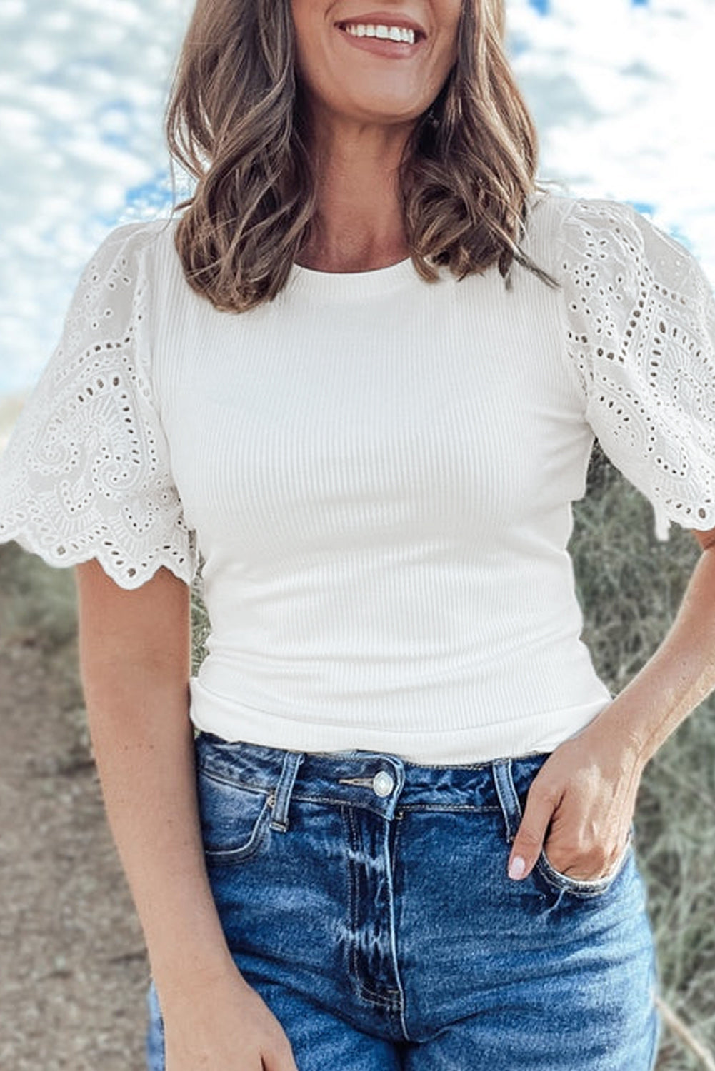 White Eyelet Pattern Short Sleeve Patchwork Ribbed Top eAura