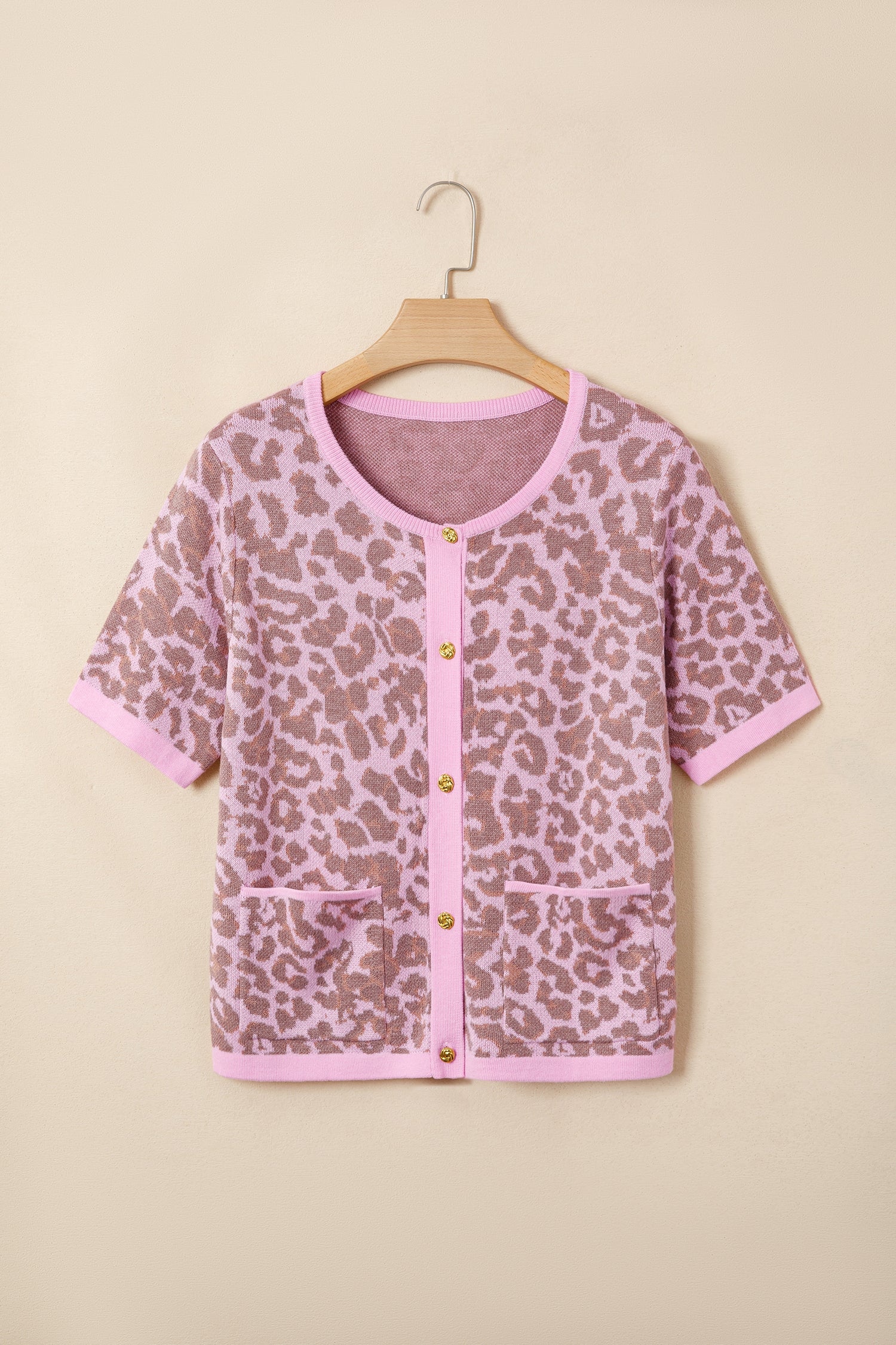 Leopard Button Down Short Sleeve Sweater Cardigan – Pink