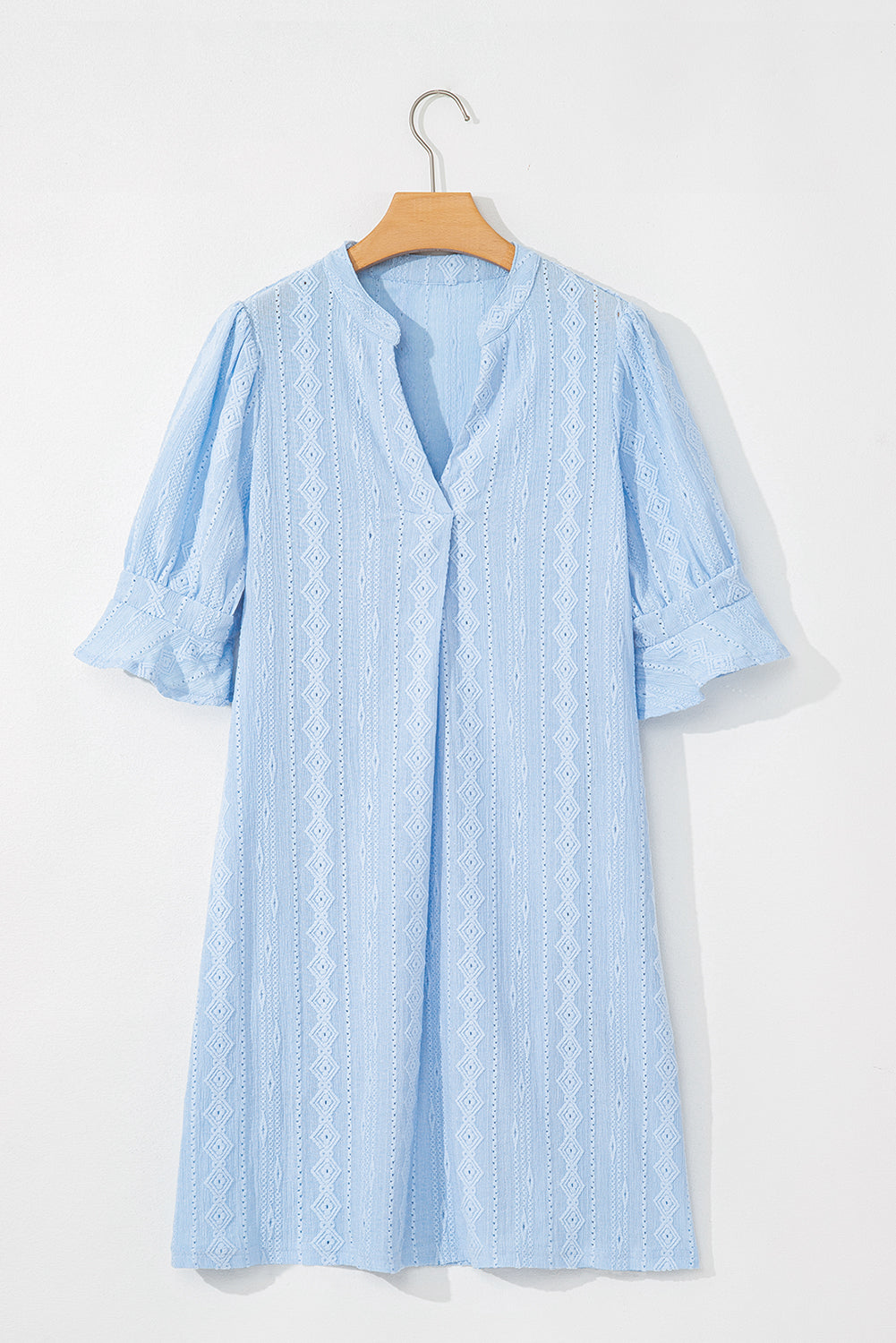 Beau Blue Jacquard Texture Flared Short Sleeve Notched Neck Mini Dress eAura