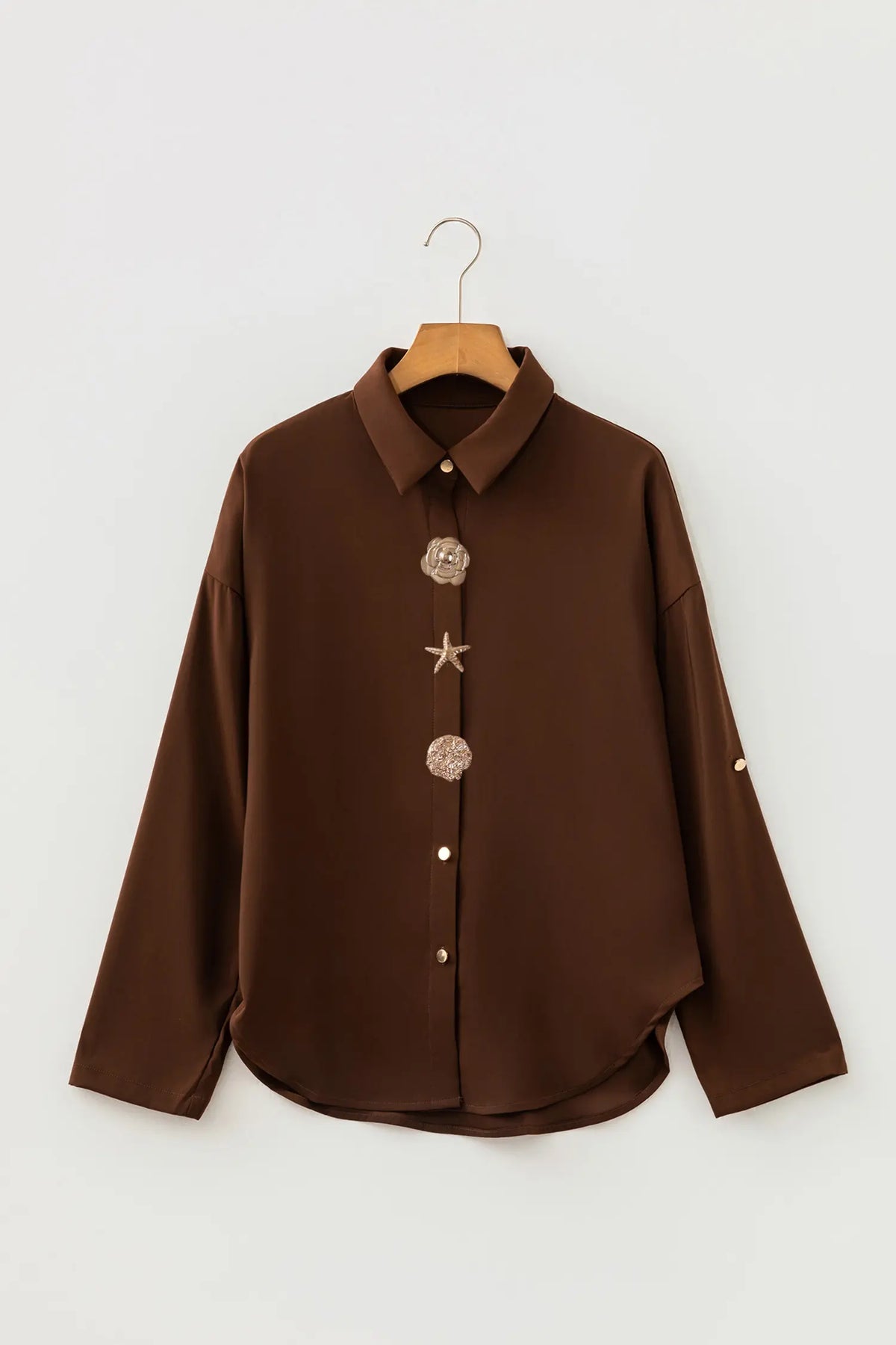 Coffee Multi Button Decoration Tab Long Sleeve Casual Shirt – Brown
