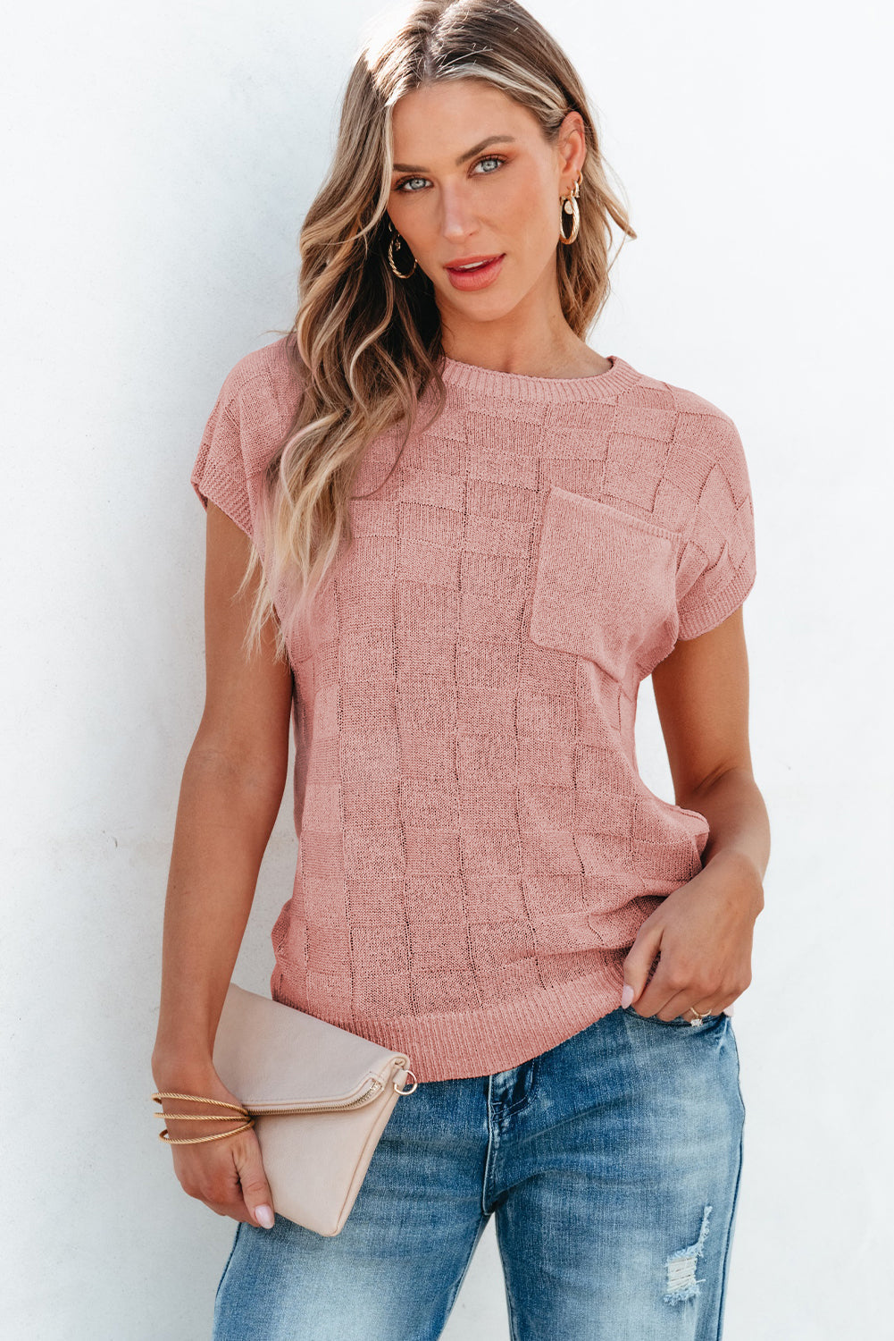 Dusty Pink Lattice Textured Knit Short Sleeve Sweater eAura