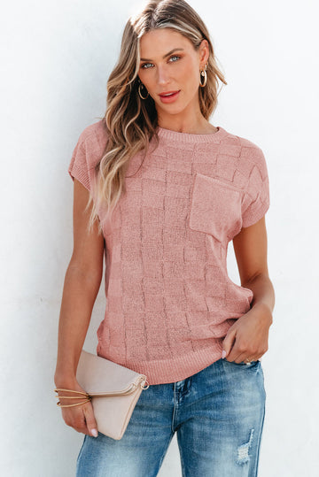 Dusty Pink Lattice Textured Knit Short Sleeve Sweater eAura
