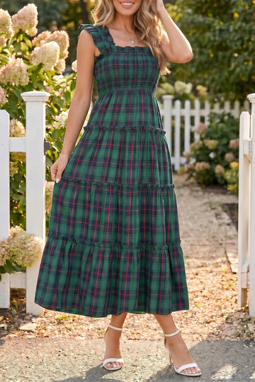 Plaid Ruffle Sleeveless Shirred Bodice Tiered Midi Dress – Green