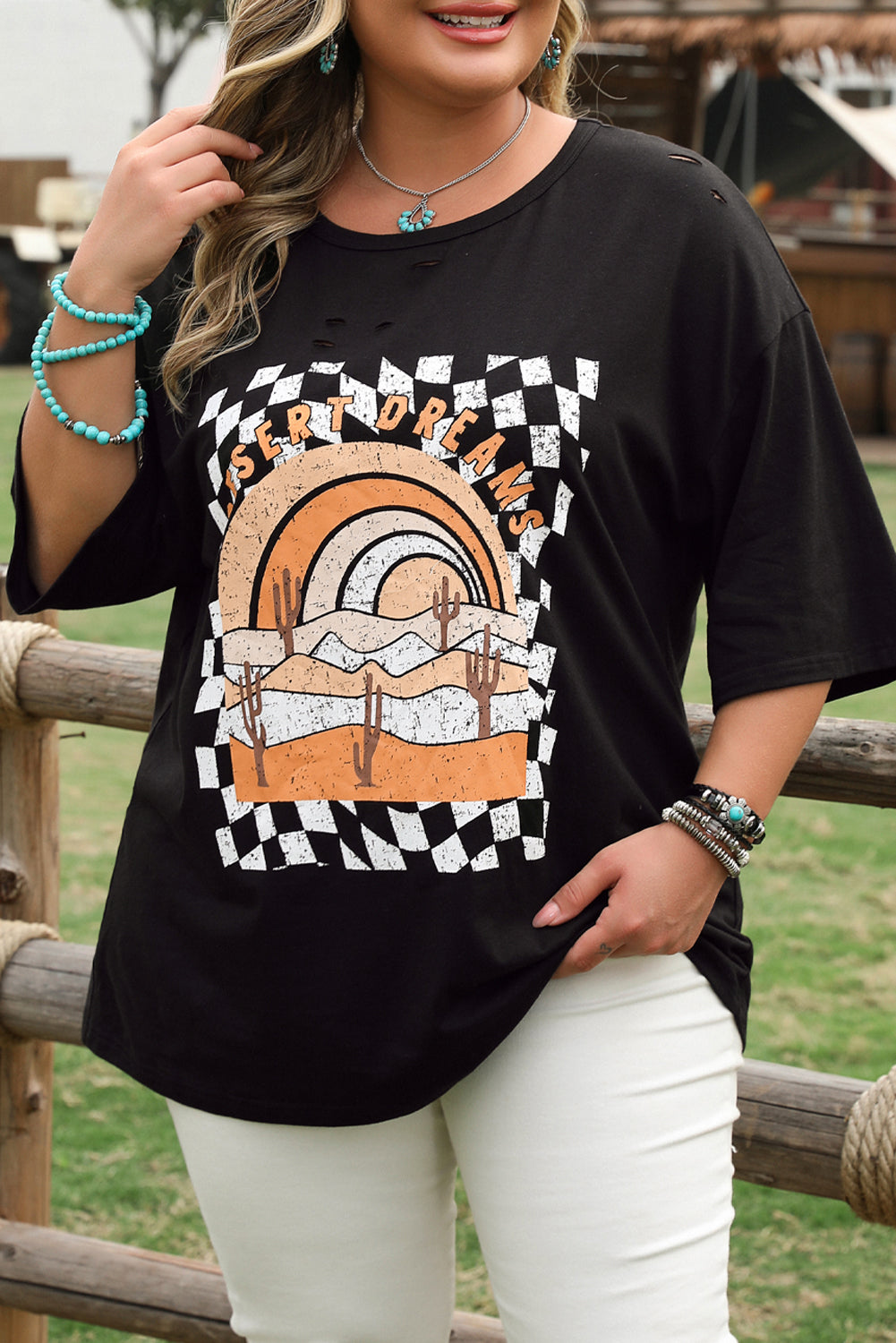 Black Checkerd DESERT DREAMS Printed Ripped Plus Size Tee BB Fashion Outlet