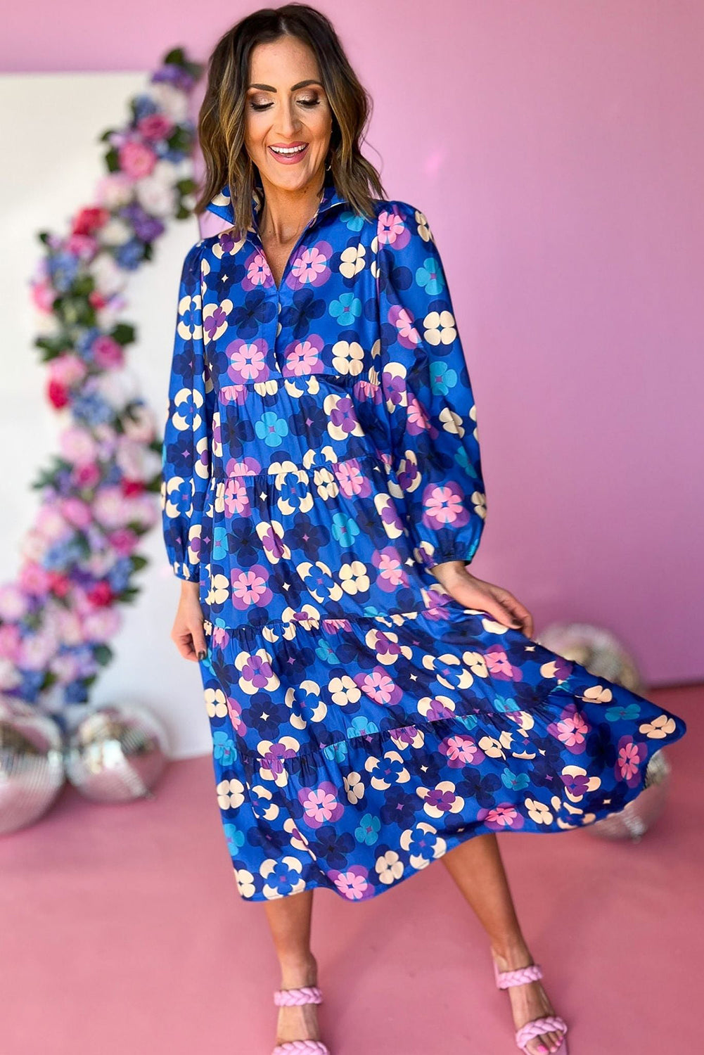 Blue Floral Peasant Sleeve Tiered Ruffle Midi Dress eAura