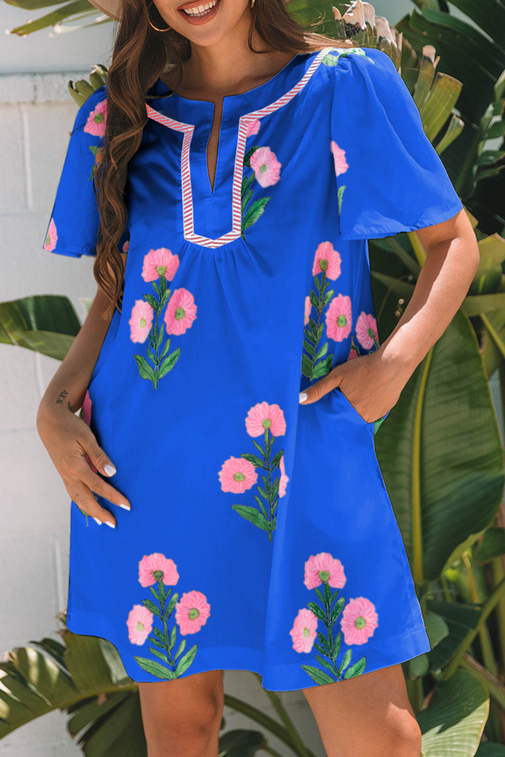Blue Floral Short Sleeve Split Neck Loose Mini Dress eAura