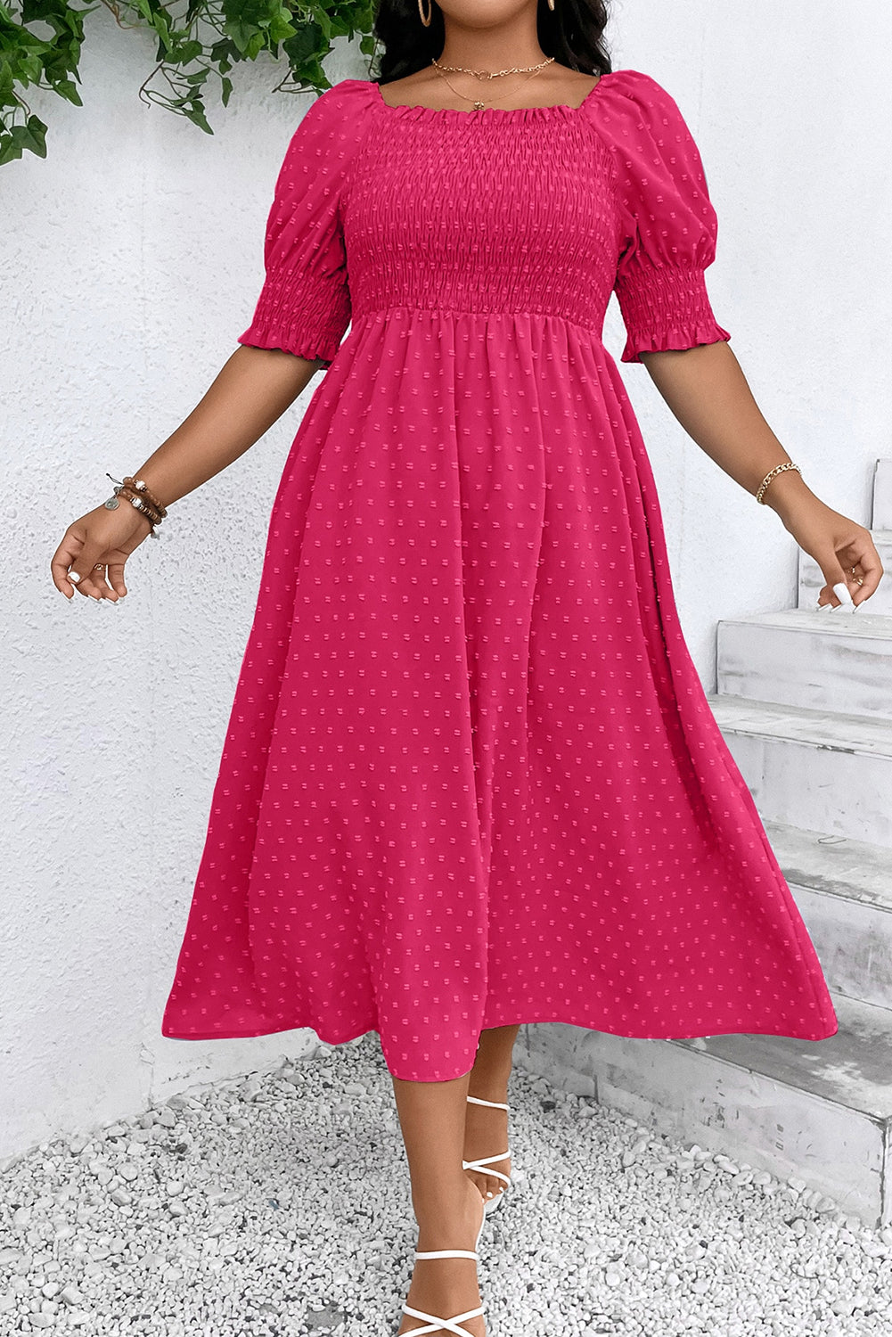 Pink Swiss Dot Smocked Ruflled Neckline Short Sleeve Plus Size Dress BB Fashion Outlet