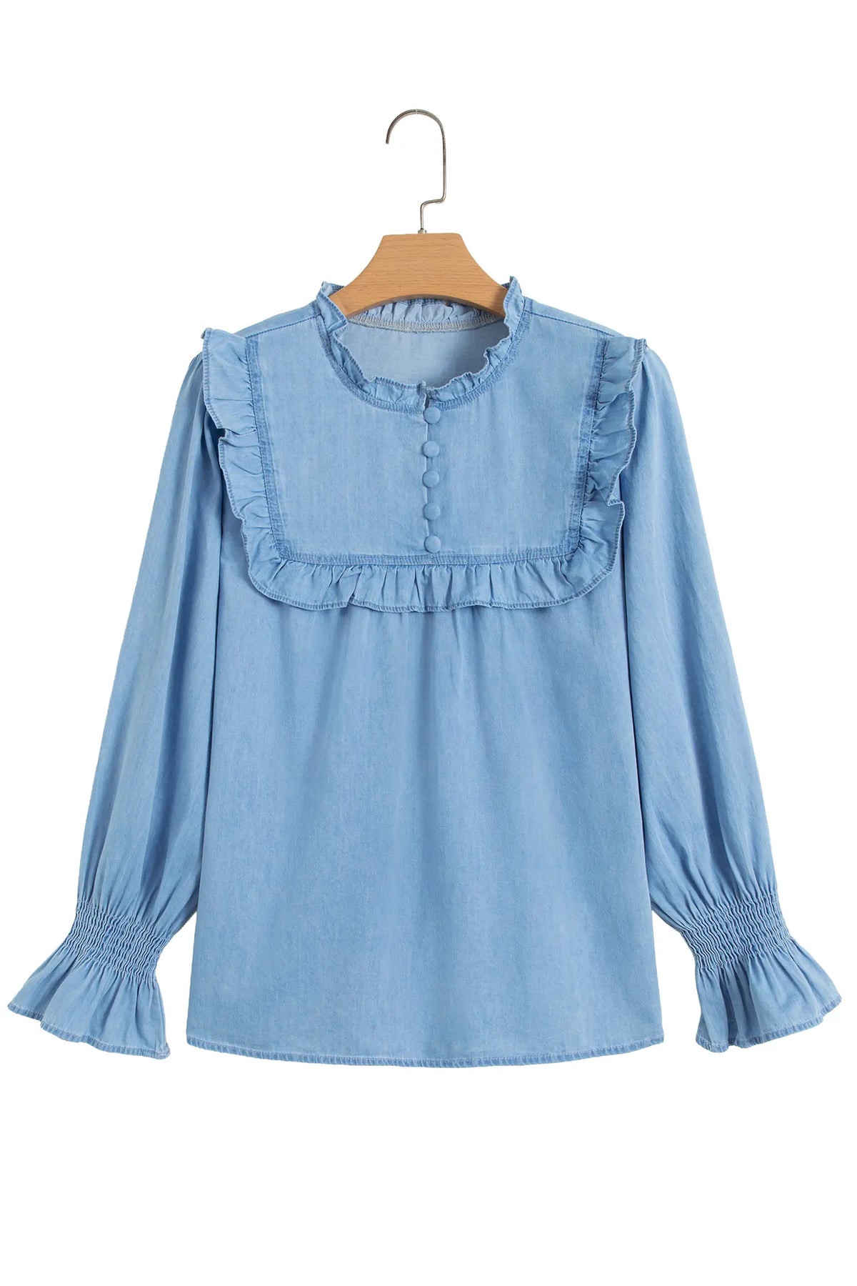 Beau Western Ruffle V Neck Long Sleeve Chambray Blouse – Blue