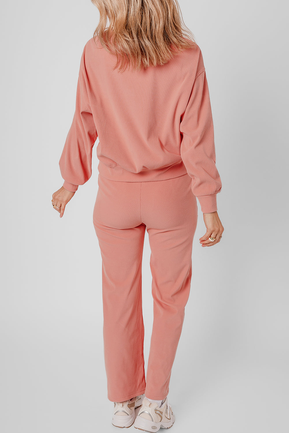 Blossom Ribbed Knit Drop Shoulder Pocketed Two Piece Lounge Set eAura
